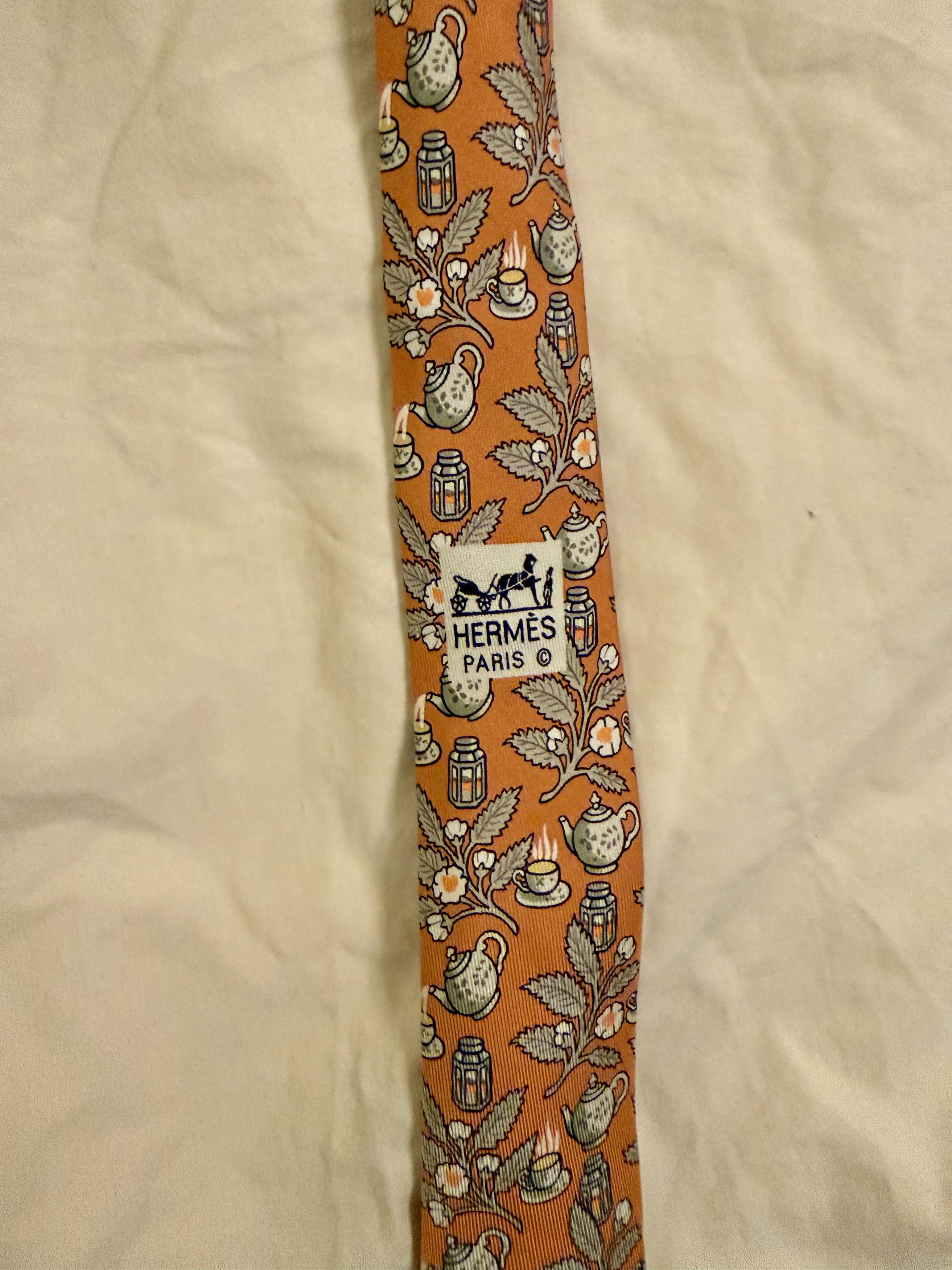 Hermes Hermès Orange Silk Tie Teapot Lantern Print 7536 EA Size ONE SIZE - 5 Thumbnail