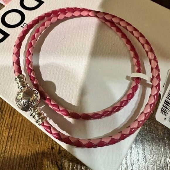 pandora Authentic Pandora , SZ 19CM, Pink Double Wrap Leather Bracel Size ONE SIZE - 6 Thumbnail