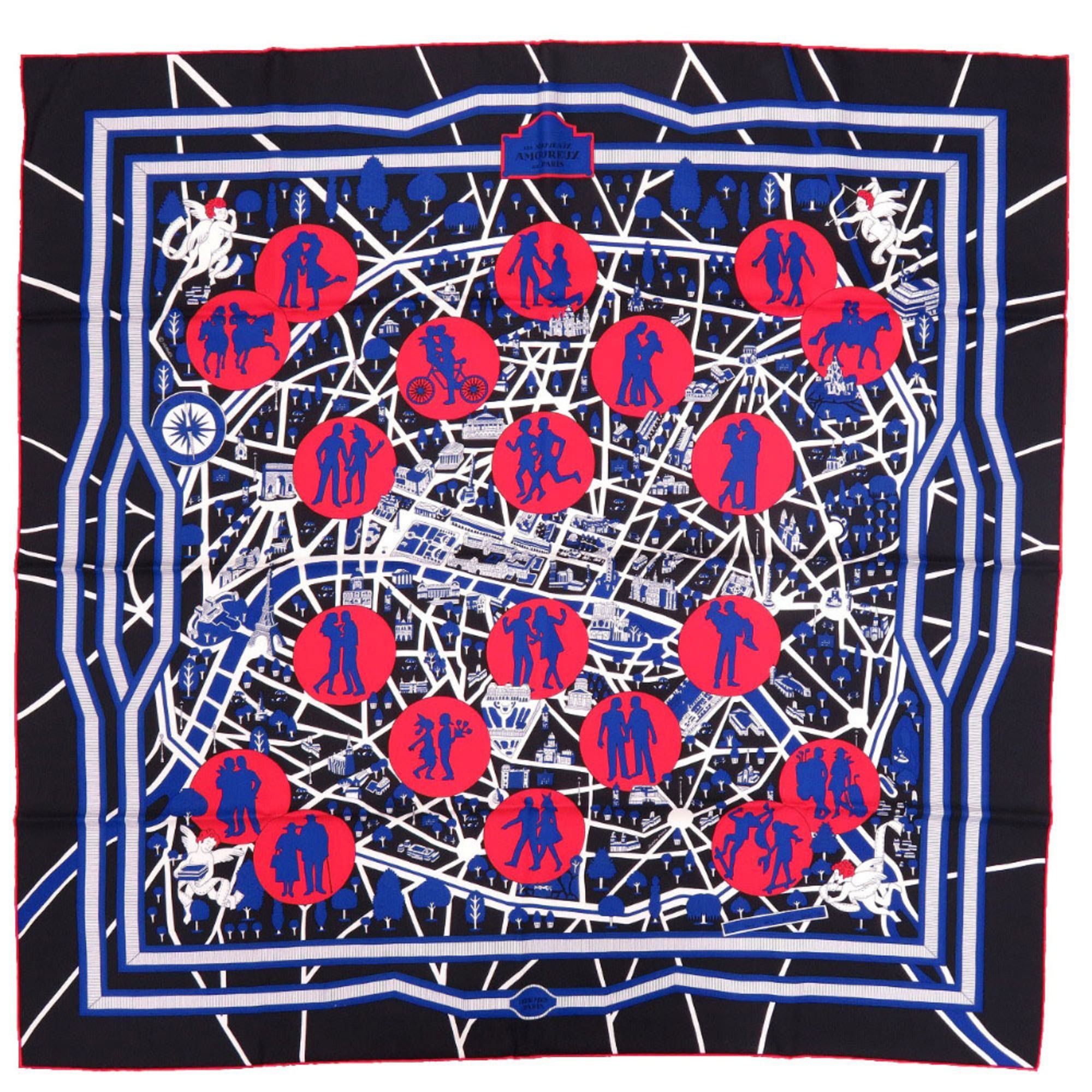 Hermes Hermes Unused Hermès Carré 90 New Les Nouveaux Amoureux de Paris Scarf Muffler Silk Black Rouge vif Marine 0771 Size ONE SIZE - 1 Thumbnail
