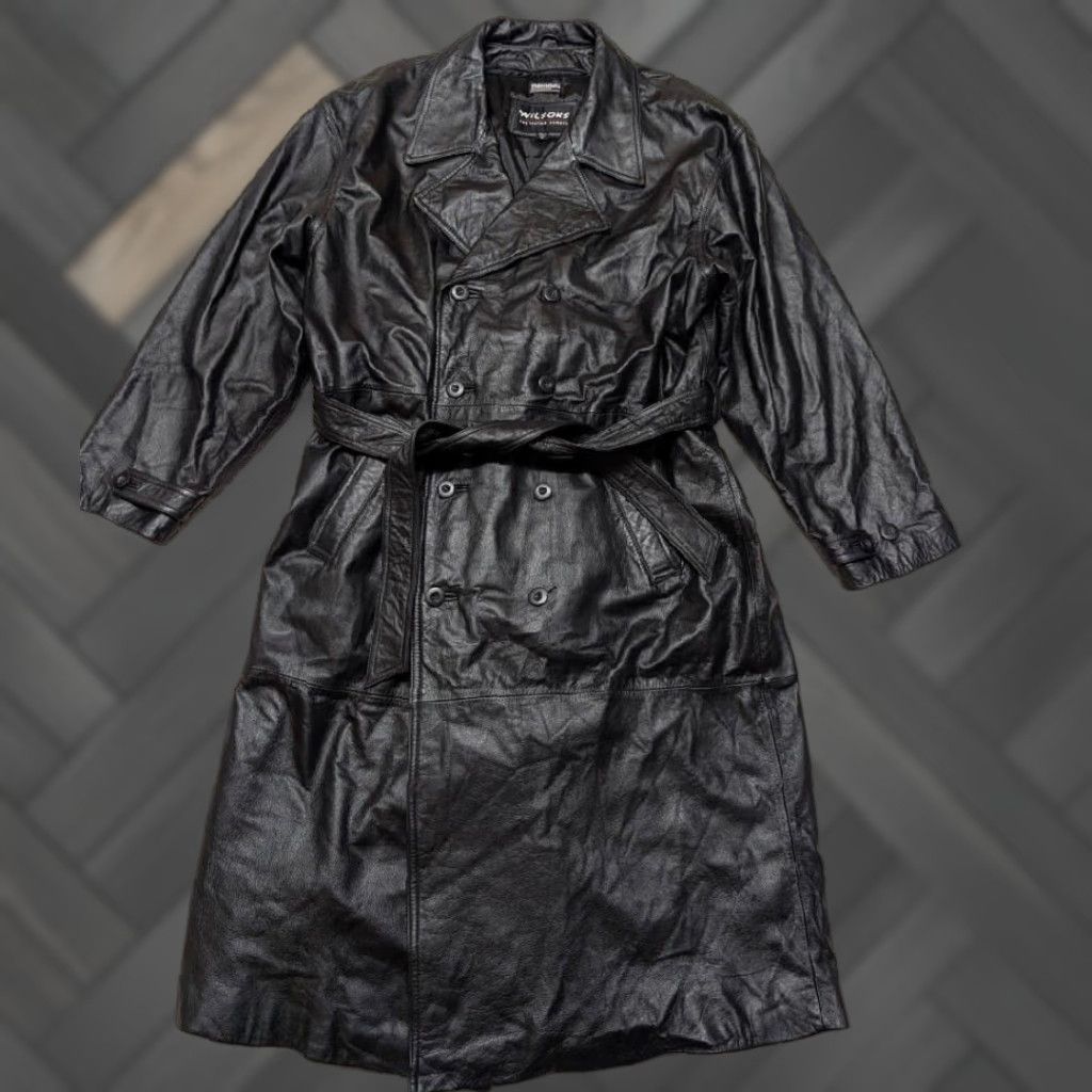 Vintage VINTAGE Wilsons glove leather TRENCH COAT Men XL Black belted double breasted Y2K cowhide coat Mens XL Black trench coat leather Size US XL / EU 56 / 4 - 1 Thumbnail