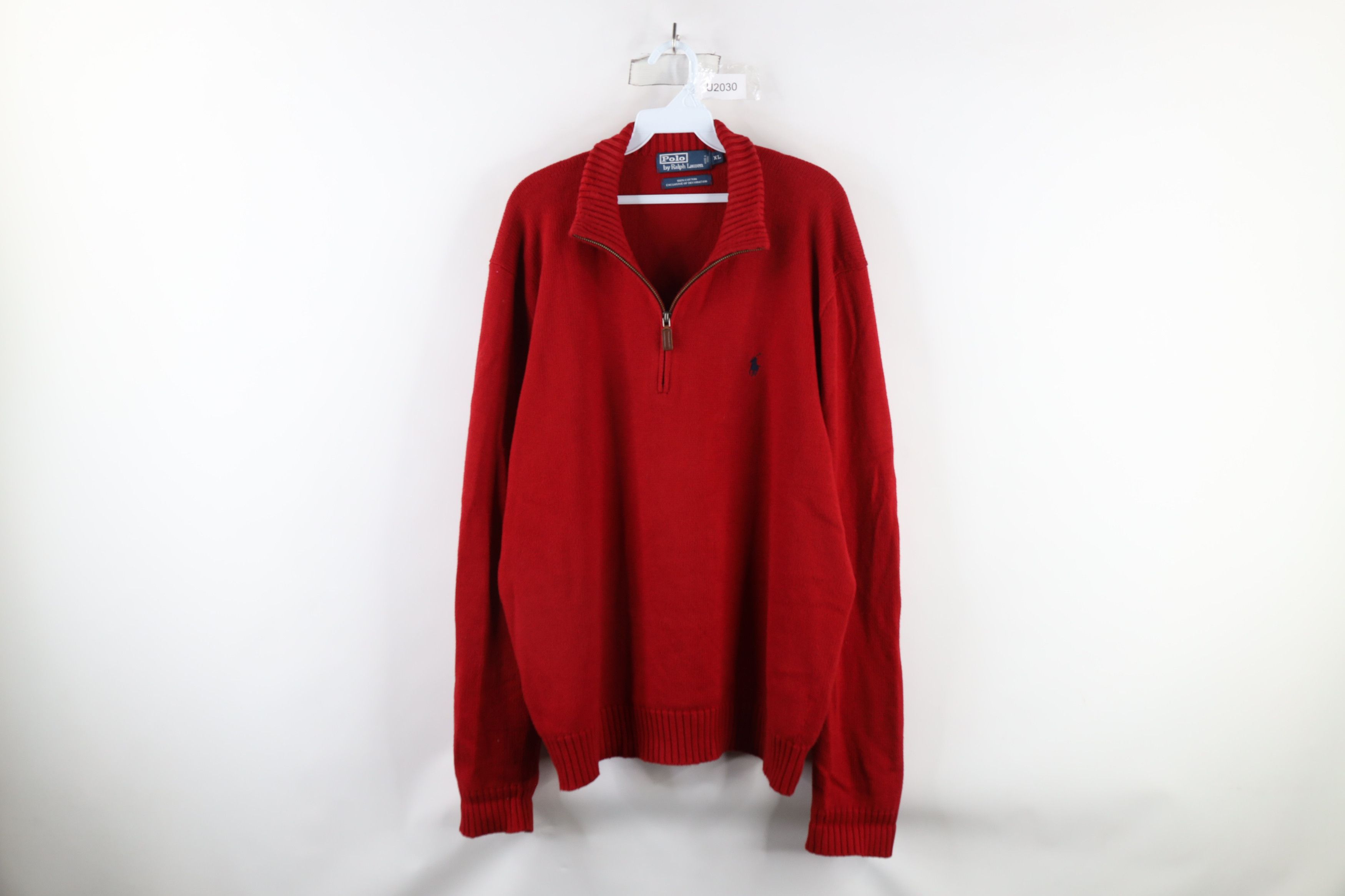 Ralph Lauren × Vintage Vintage 90s Ralph Lauren Ribbed Knit Half Zip Sweater Red Size US XL / EU 56 / 4 - 1 Thumbnail