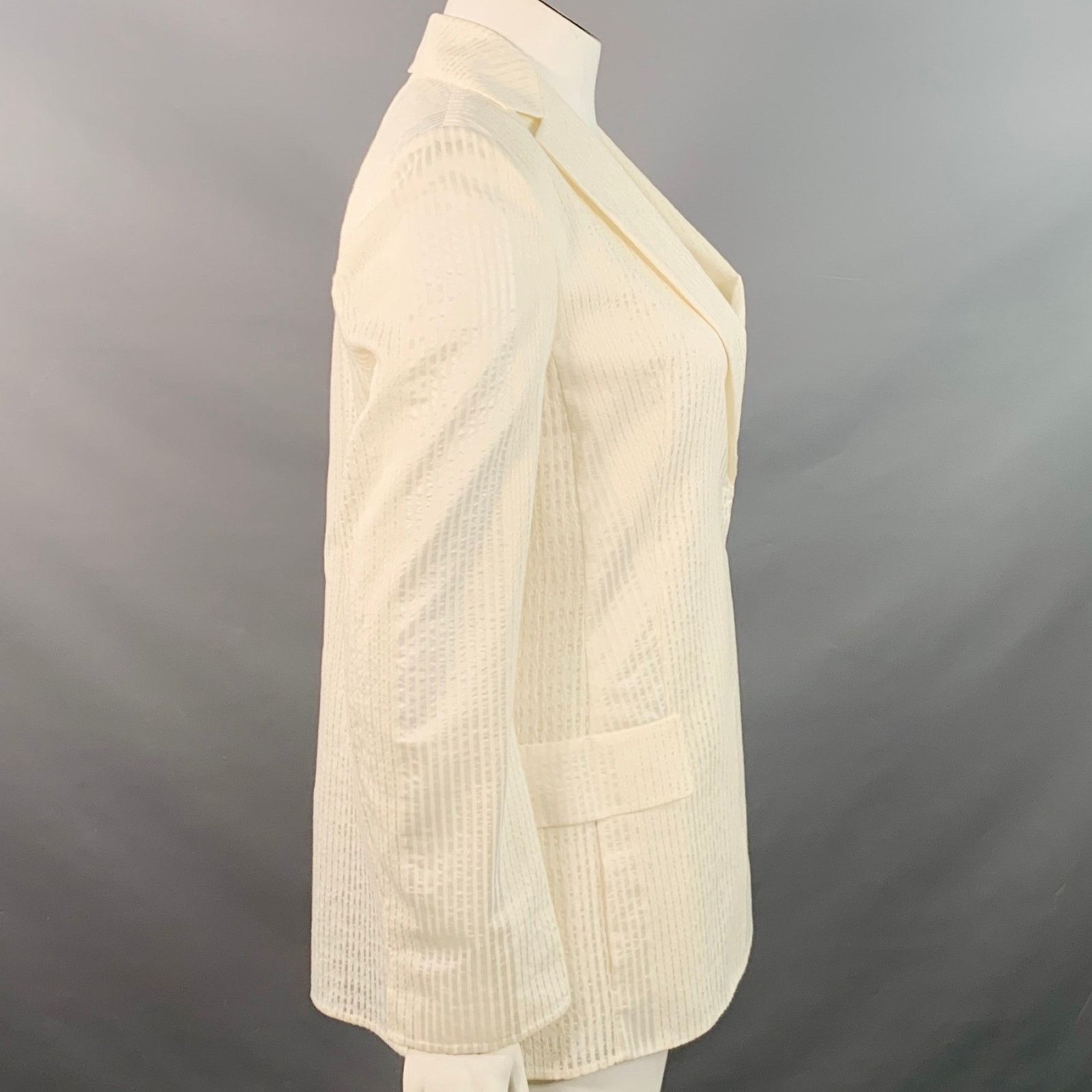 Akris AKRIS Natalia Off White Cotton Sheer Textured Snaps Blazer Size L / US 10 / IT 46 - 3 Thumbnail