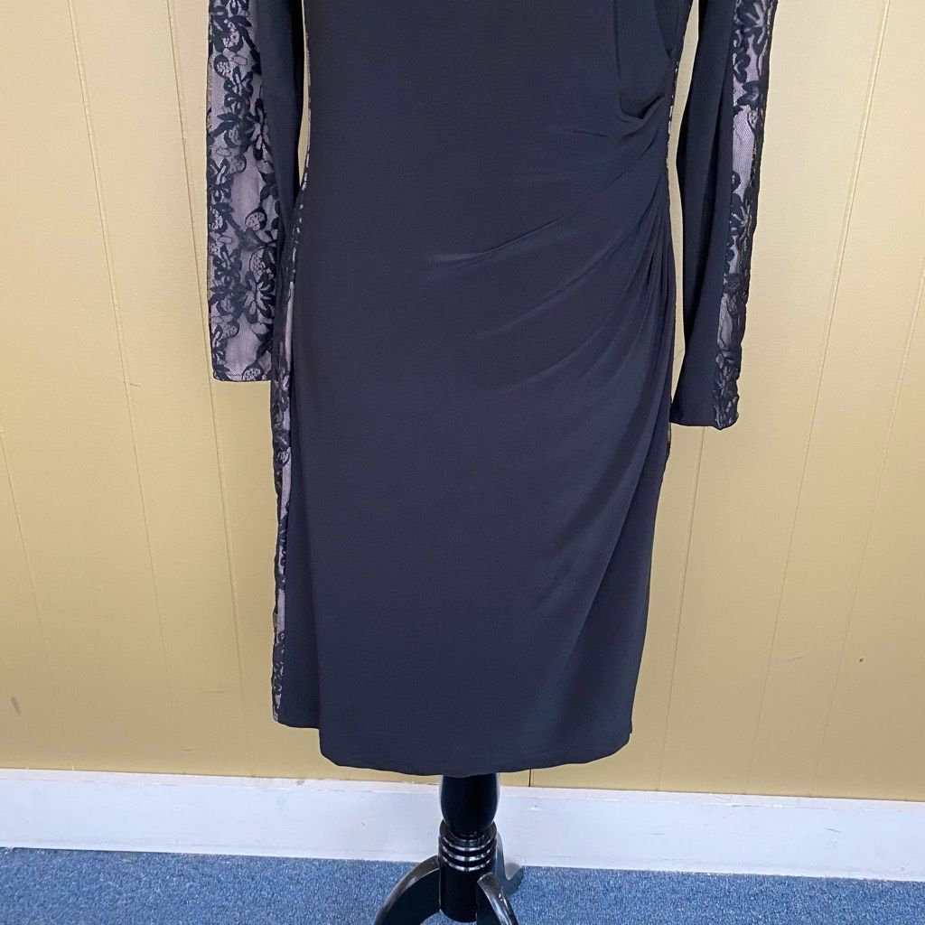 Other Women M fully lined midi dress w/black lace over tan rouched Size M / US 6-8 / IT 42-44 - 2 Thumbnail