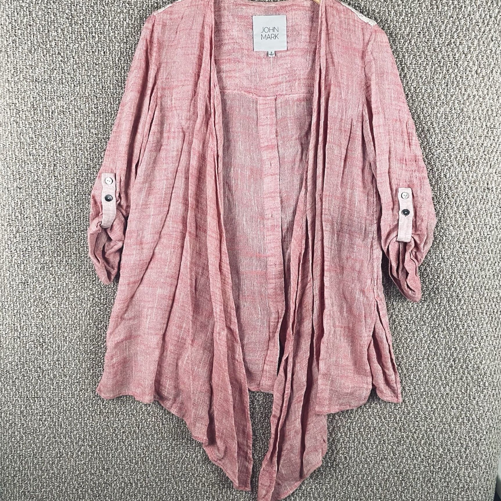 Vintage John Mark Cardigan Small Pink Linen Blend Open Front Lace 3/4 Sleeve Shawl Neckline Womens Cardigan 90s Bohemian Vintage No Size S / US 4 / IT 40 - 2 Thumbnail
