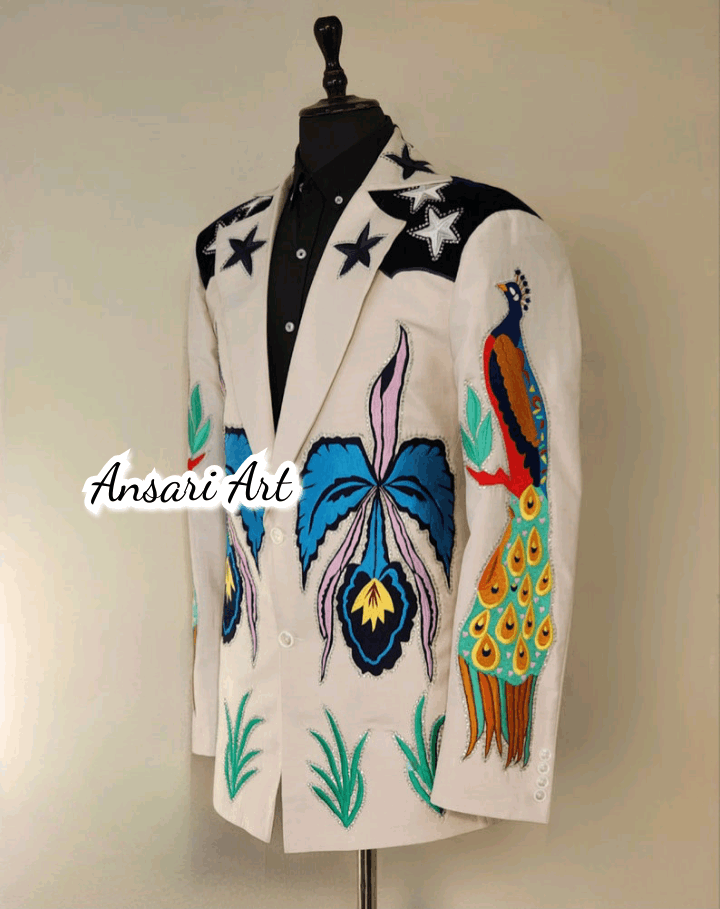 Other Men 2Pc Bespoke Peacock Embroidered Wedding cocktail Outfits Size 42L - 3 Thumbnail