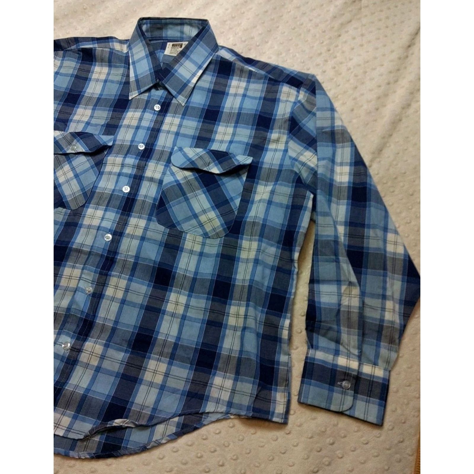 Vintage Montgomery Ward Plaid Work Shirt XL Blue 1980s Vintage Button-Front Cotton Blend Long Sleeve Mens Size US XL / EU 56 / 4 - 2 Thumbnail