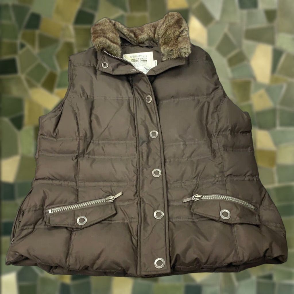 VINTAGE Eddie Bauer Goose Down Vest Womens Large Brown Down Faux Fur Collar