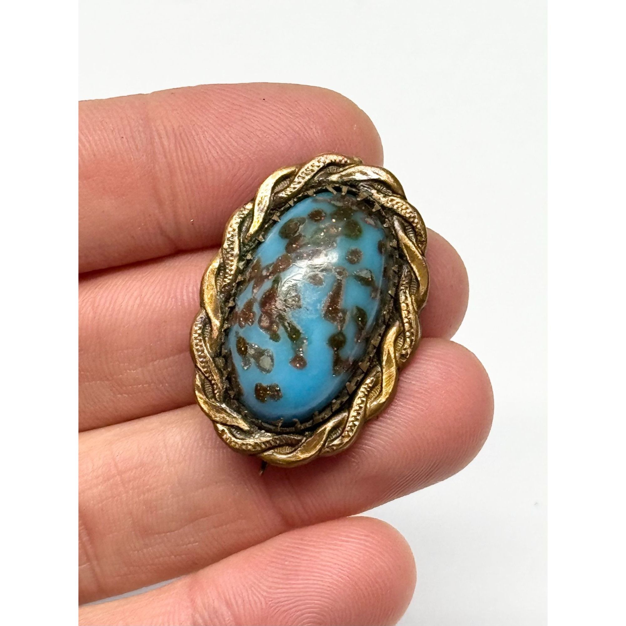 Vintage Estate brass speckled art glass brooch pin Size ONE SIZE - 4 Thumbnail