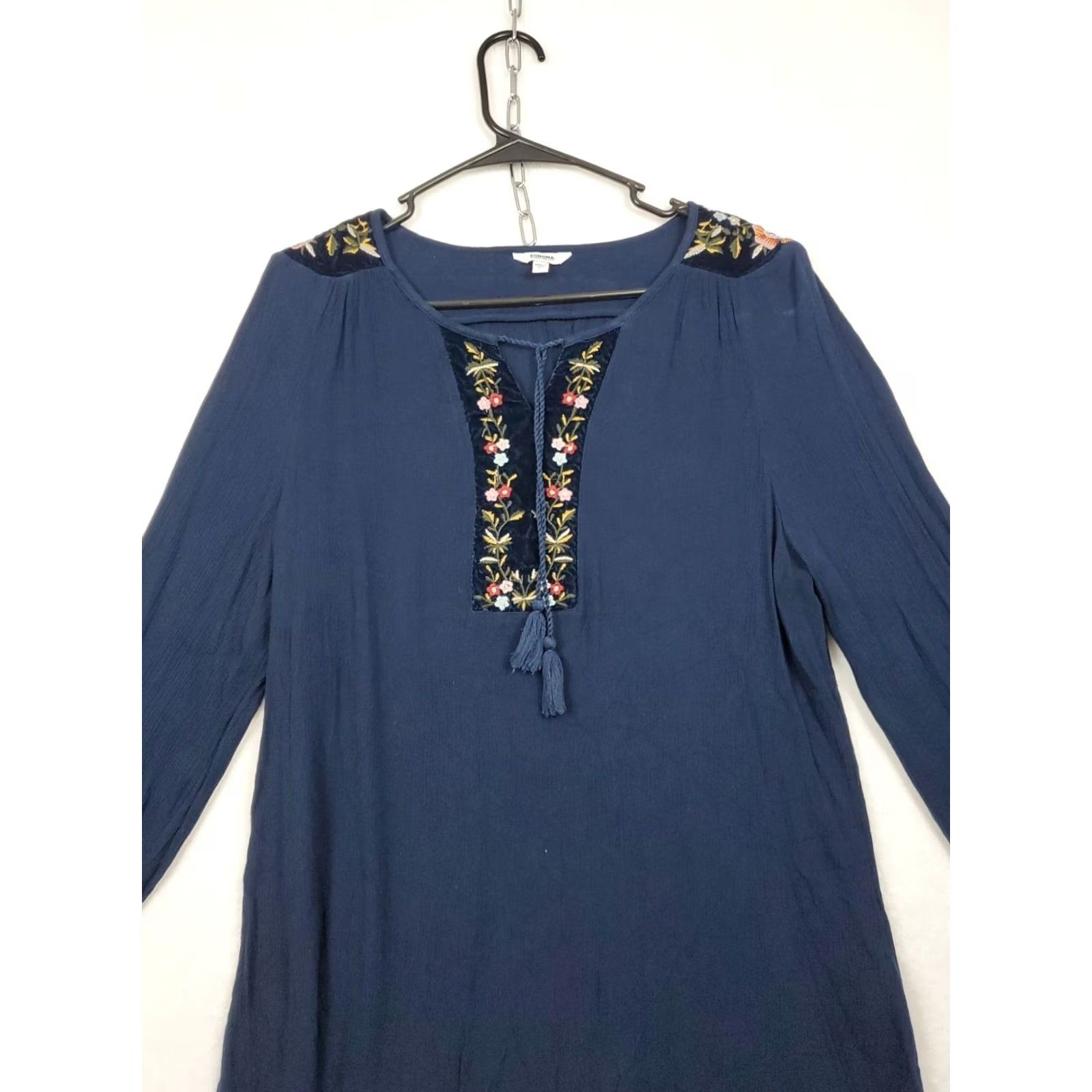Vintage VINTAGE Sonoma Embroidered Tie Neck Peasant Blouse Floral Navy Blue Long Sleeve V-Neck L Ladies Womens Size L / US 10 / IT 46 - 6 Thumbnail