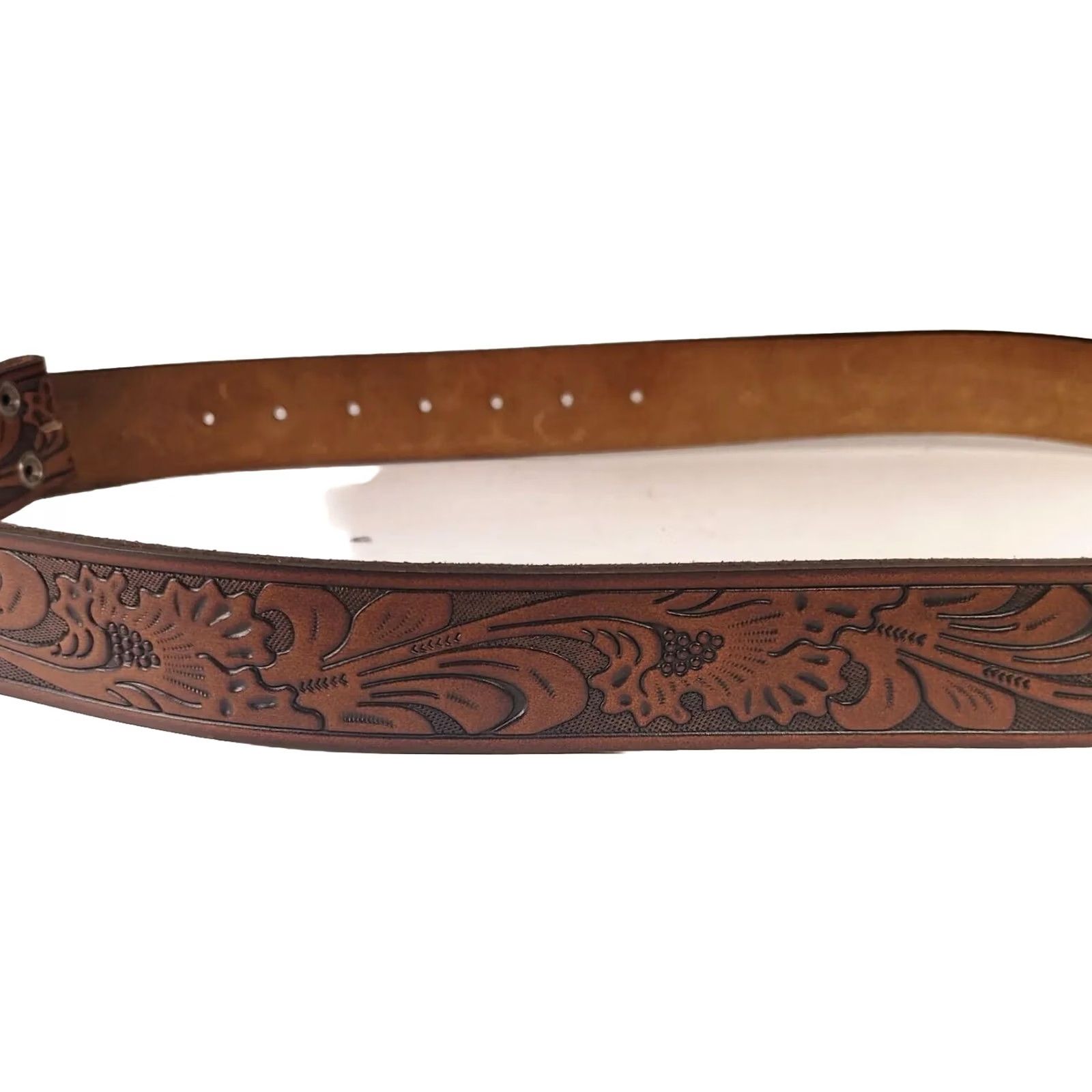 Vintage Belts.Com Western Belt 38 Brown Full Grain Leather Floral Engraved Tooling Men Regular 1.5" Belt Buckleless Size 38 - 4 Thumbnail