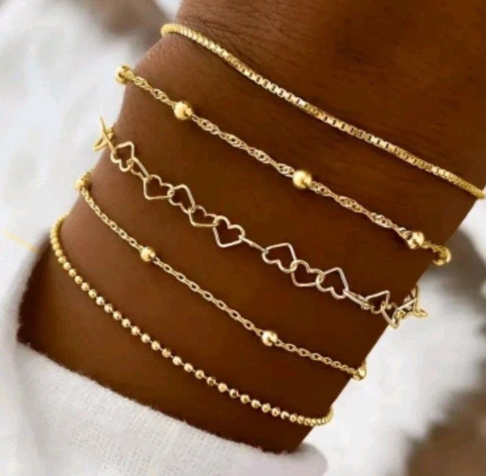 Other 5 pc Round Bead Heart Chain Bracelet Set Size ONE SIZE - 1 Thumbnail