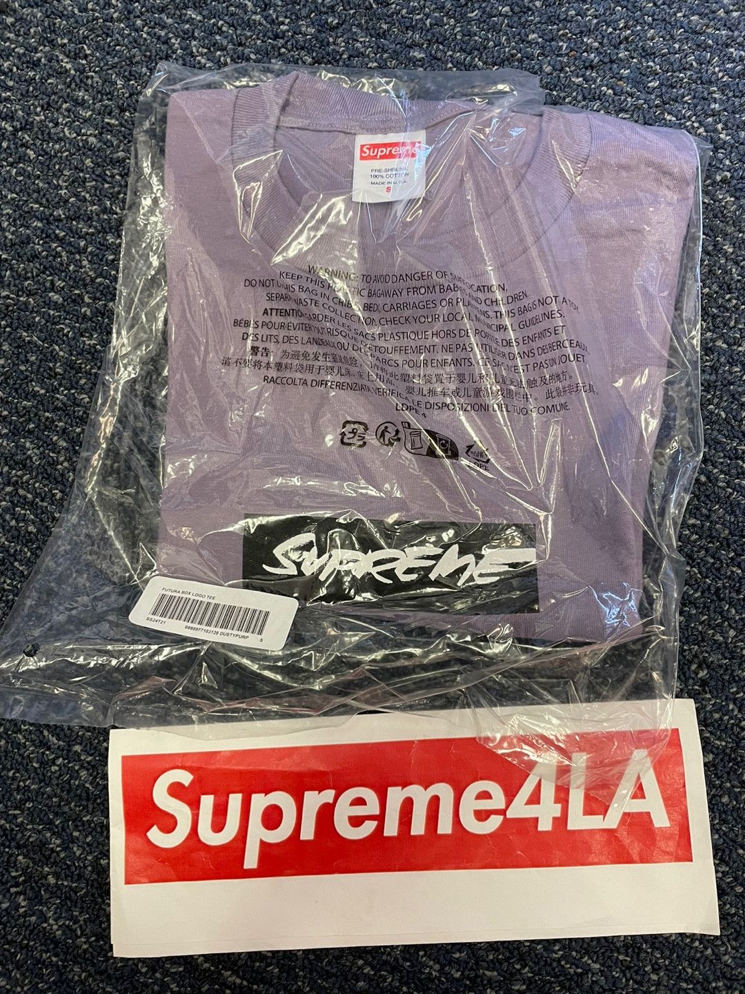 Supreme Futura Box Logo Tee Dusty Purple S in Hand