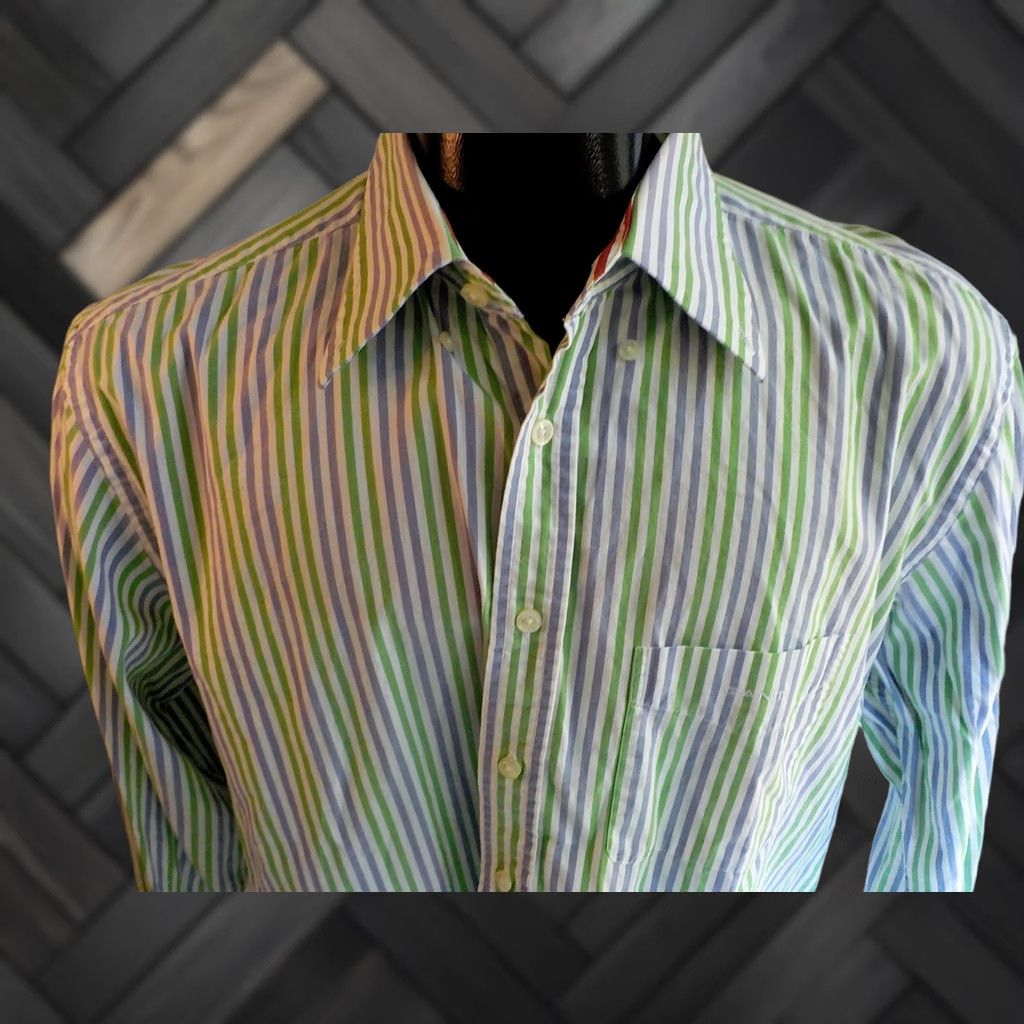 Gant VINTAGE GANT Pinpoint Oxford Button-Down Shirt Green Lilac White Stripe Flip Cuff Regular Adult Large Slim? (No extra words) Size US L / EU 52-54 / 3 - 1 Thumbnail