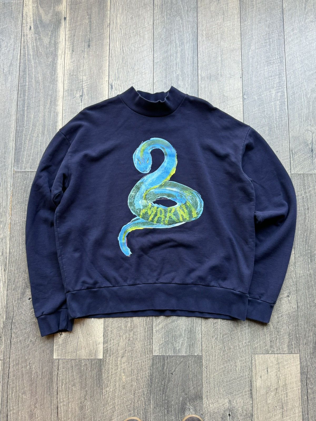 Pre-owned Marni Python Logo Navy Crewneck - 52 In Blue