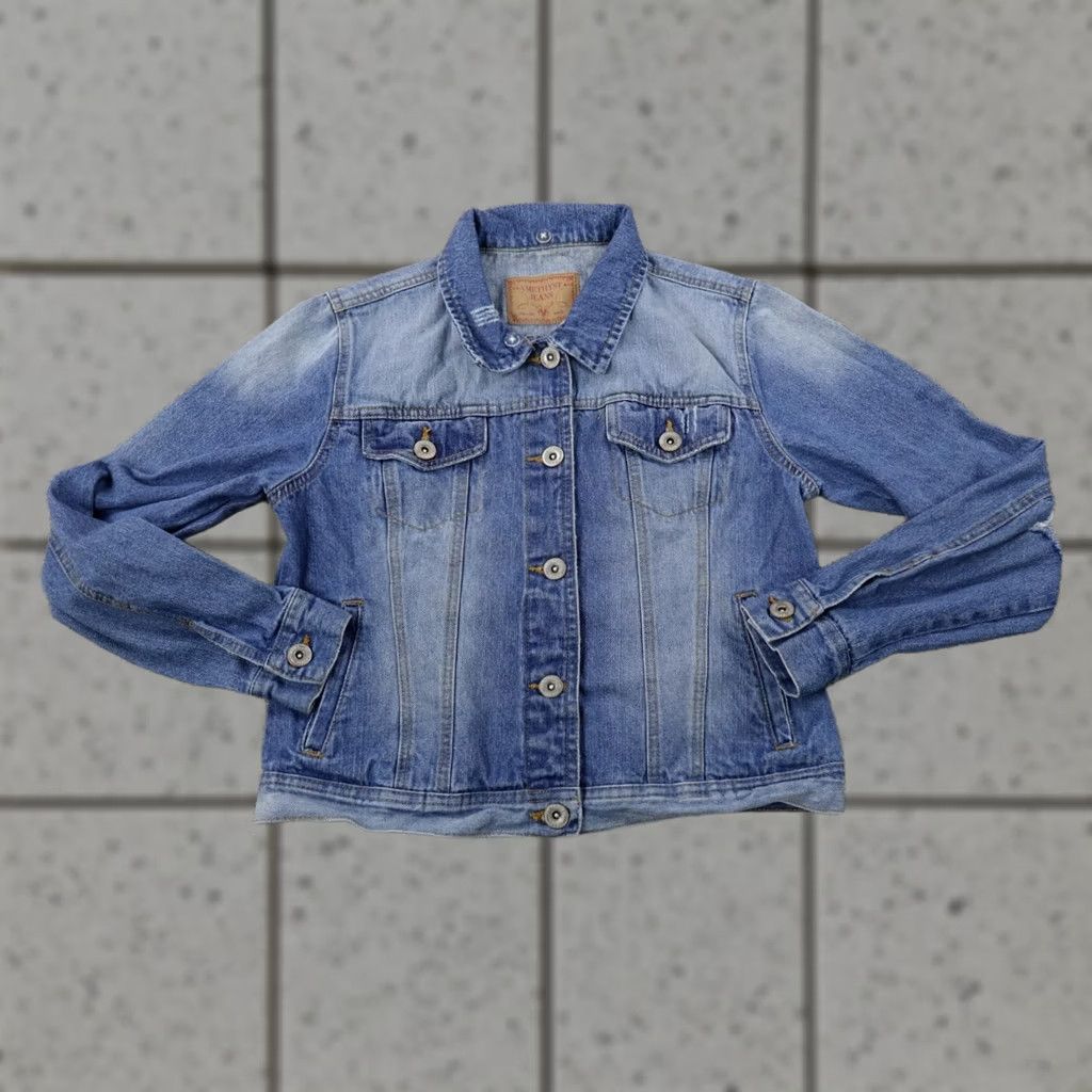Denime Amethyst Jacket Womens M Blue Denim Faded Distressed Patchwork Biker Shirt Size 32" / US 10 / IT 46 - 1 Thumbnail