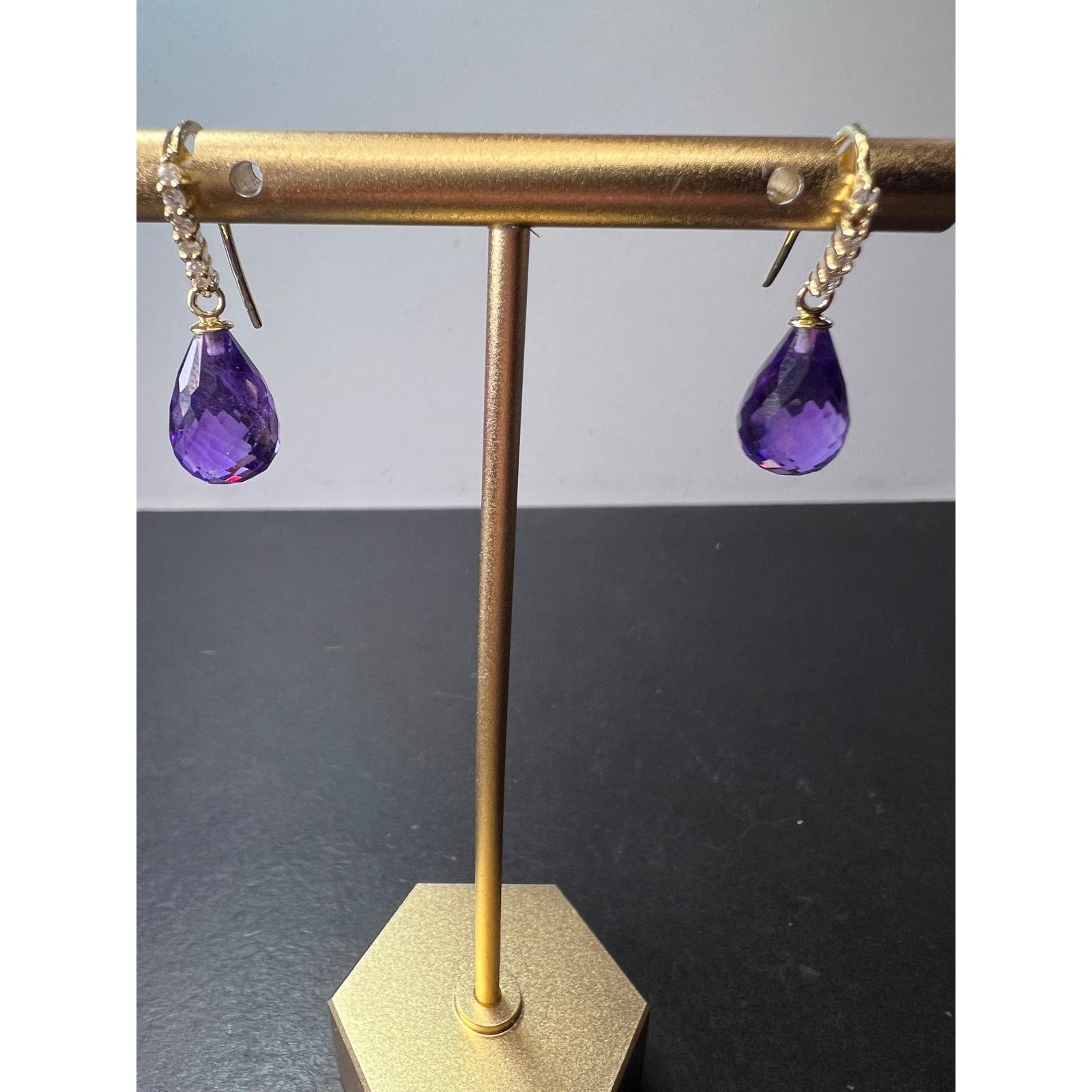14k gold amethyst briolette and diamond dangle earrings