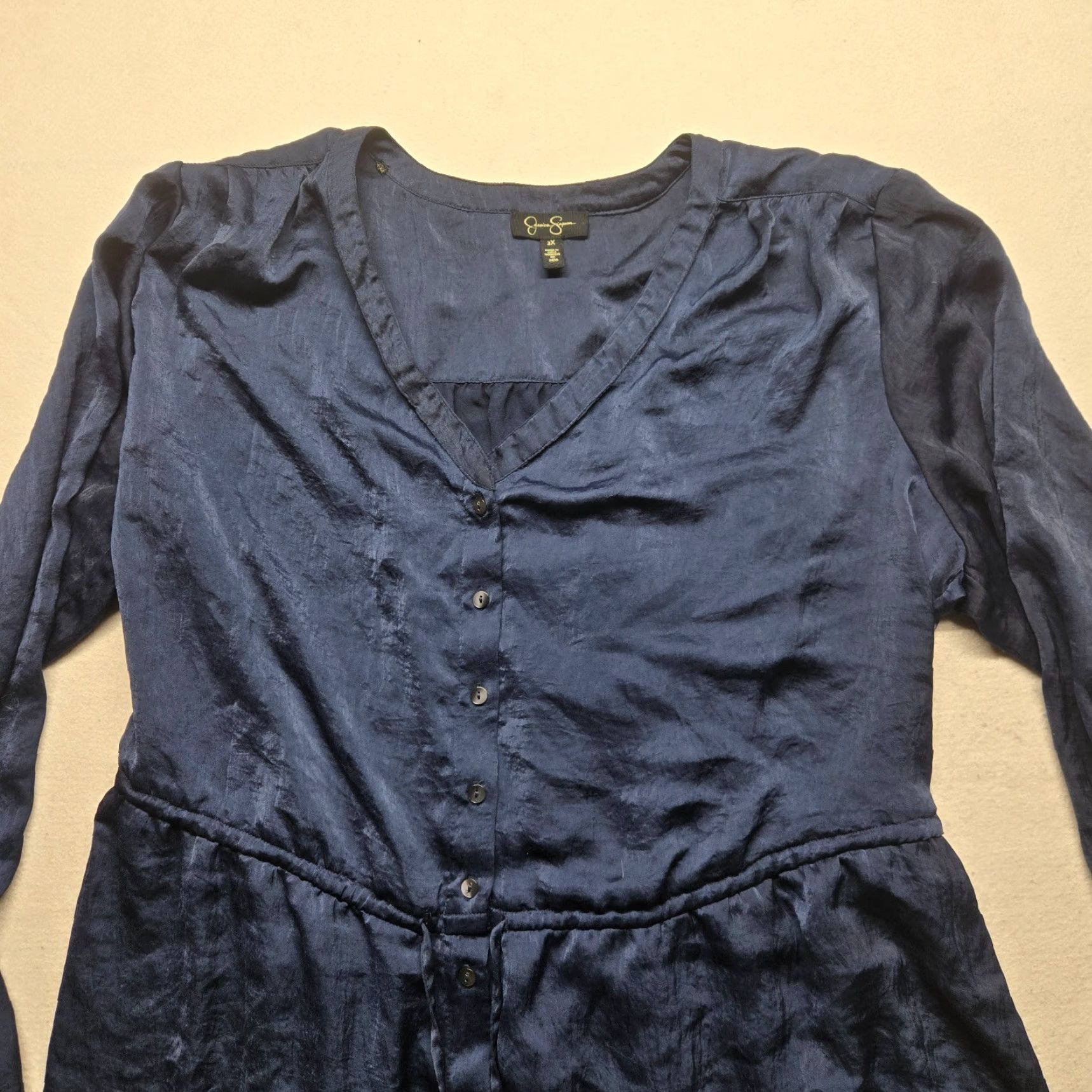 Jessica Simpson Jessica Simpson Shirt Dress Women's 2X Dark Blue V-Neck Long Sleeve Tie-Waist Knee Length Solid Dress Size XXL / US 16-18 / IT 52-54 - 2 Thumbnail