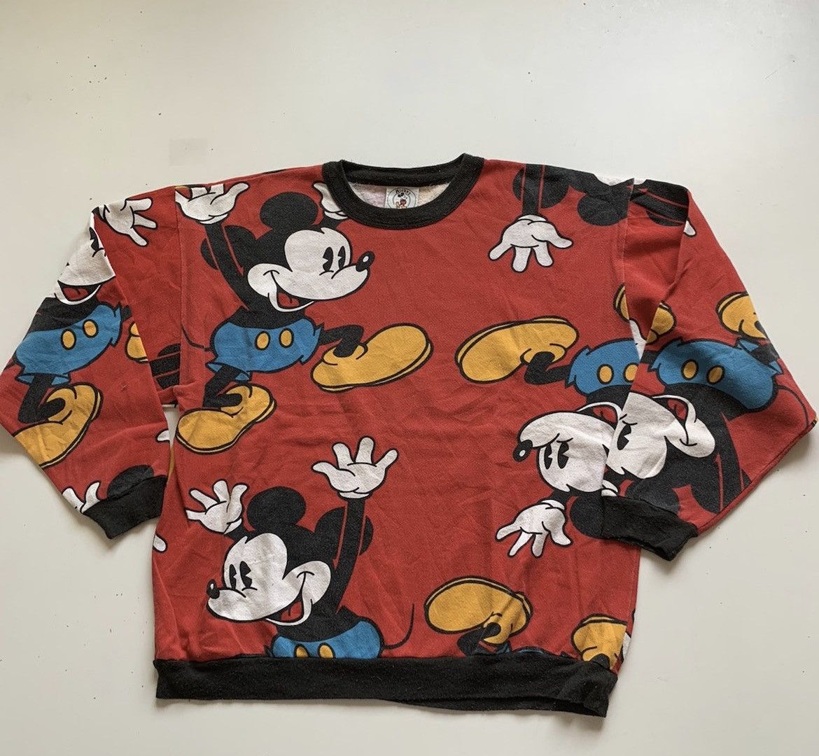 image of Vintage 90's Mickey Mouse All Over Print Disney Crewneck in Black, Men's (Size Medium)