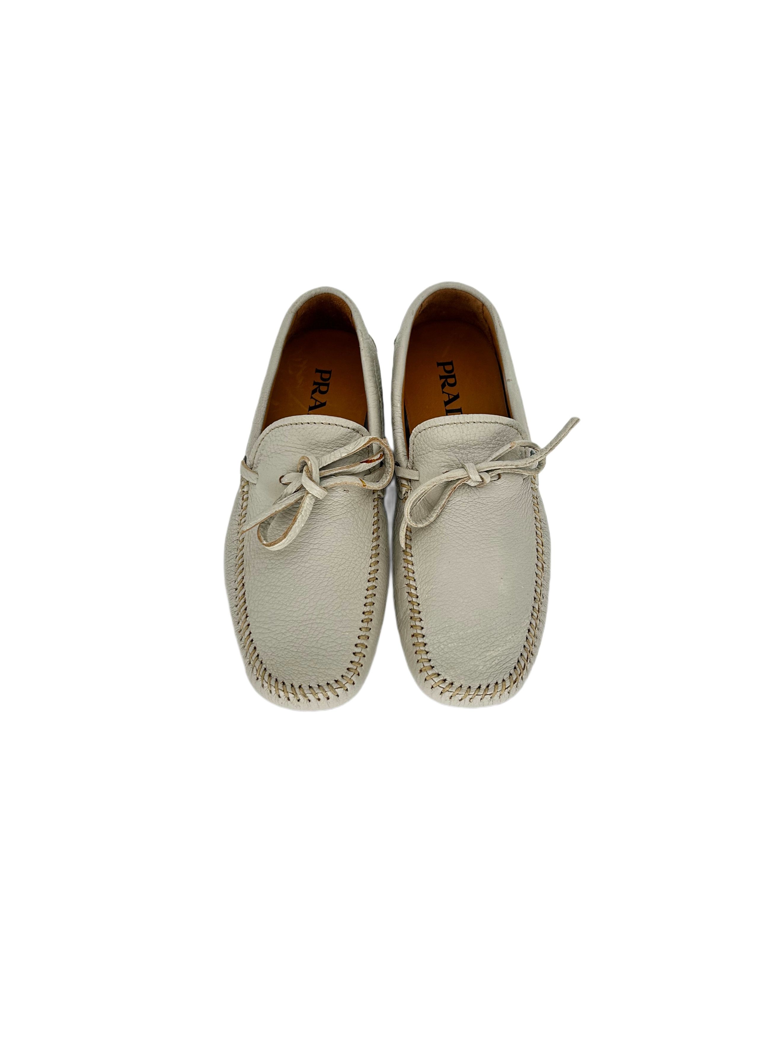 Prada Prada Off White Grain Leather 'Driver' Shoe With Lace Detail Size US 6 / EU 39 - 3 Thumbnail