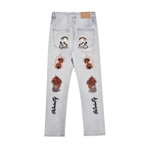 Japanese Brand × Jean Pants Heavy Embroidered Skull Flame Straight Jeans Size US 34 / EU 50 - 1 Thumbnail