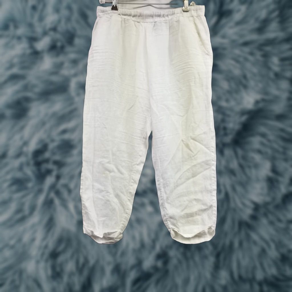 Vintage Rachel Roy Linen Pants Women Large White 100% Linen Breathable Elastic Waist Pockets Drawstring Straight Set Size 36" / US 14 / IT 50 - 1 Thumbnail