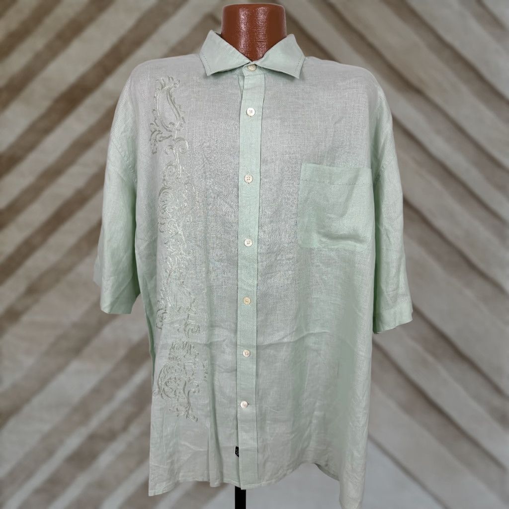 Nat Nast Nat Nast Linen Shirt Mens XXL Embroidered Paisley Button-Up Short Sleeve Collared Oversized Travel Green Size US XXL / EU 58 / 5 - 1 Thumbnail