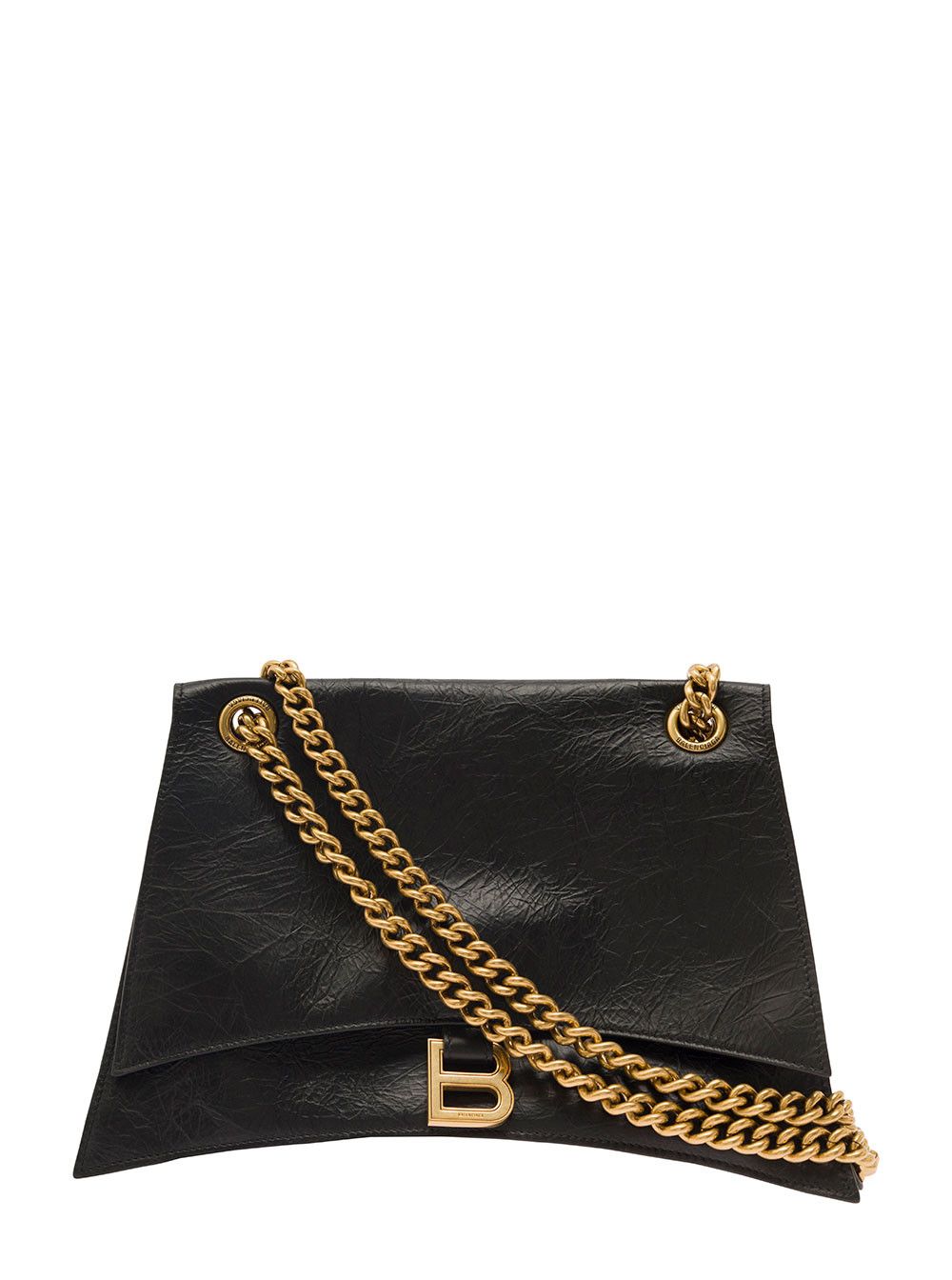 'Crus Medium' Black Shoulder Bag with B Logo Hardware in Crushed Leather Woman