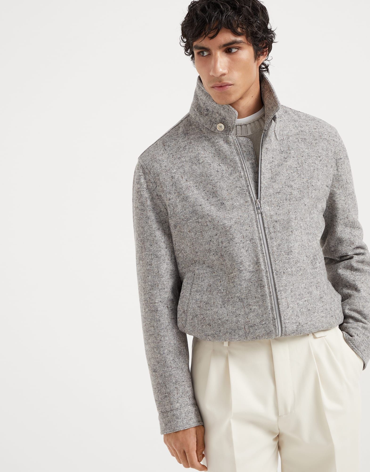 Brunello Cucinelli o1w1db10326 Silk Donegal Bomber Jacket in Grey Size US XXL / EU 58 / 5 - 1 Thumbnail