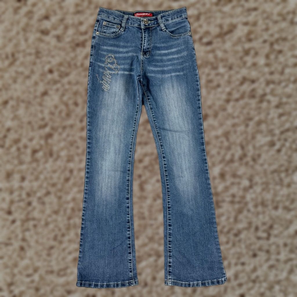 Denime SouyoJeans Jeans Womens 28 Blue Denim Rhinestone Flared Cotton Blend Regular Inseam 29" 24" Waist Women Summer 90s? No decade given. Size 28" / US 6 / IT 42 - 1 Thumbnail