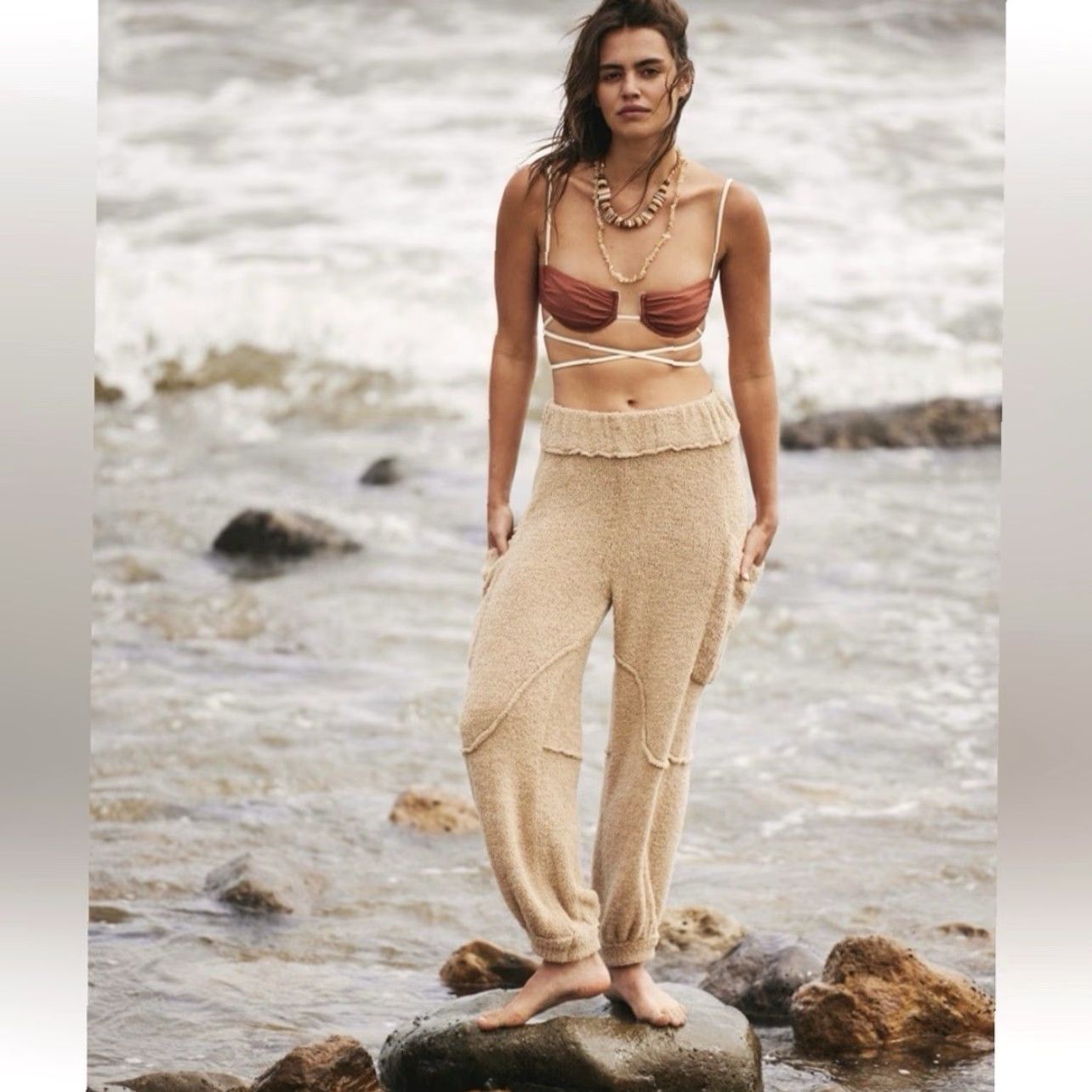 Free People VINTAGE Free People Dane Terry Pants in Natural Beige M Women Casual Jogger Tapered Elastic Waist Pockets Natural Size 32" / US 10 / IT 46 - 4 Thumbnail