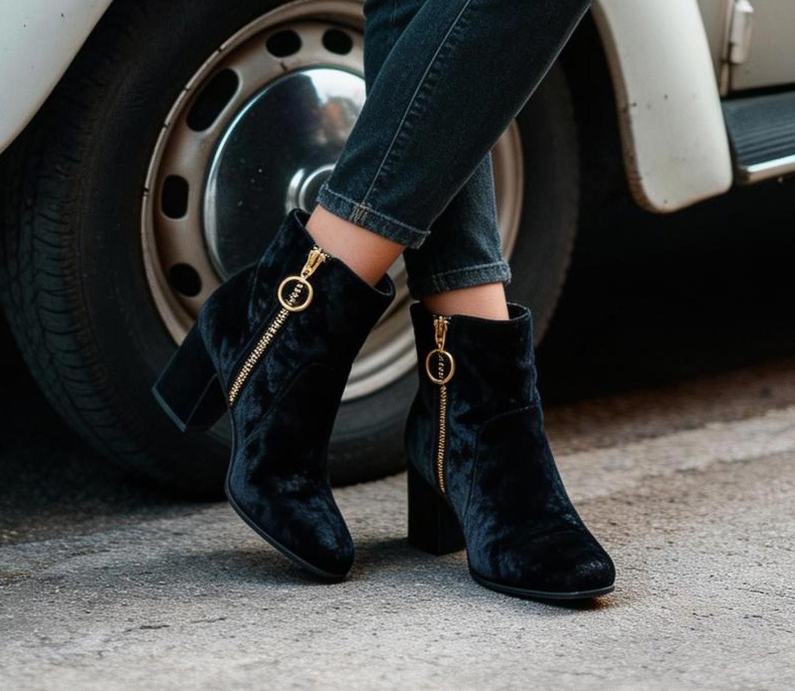 Other Charlotte Russe Black Velvet Ankle Booties w. Gold Ring Zip Size US 7 / IT 37 - 1 Thumbnail