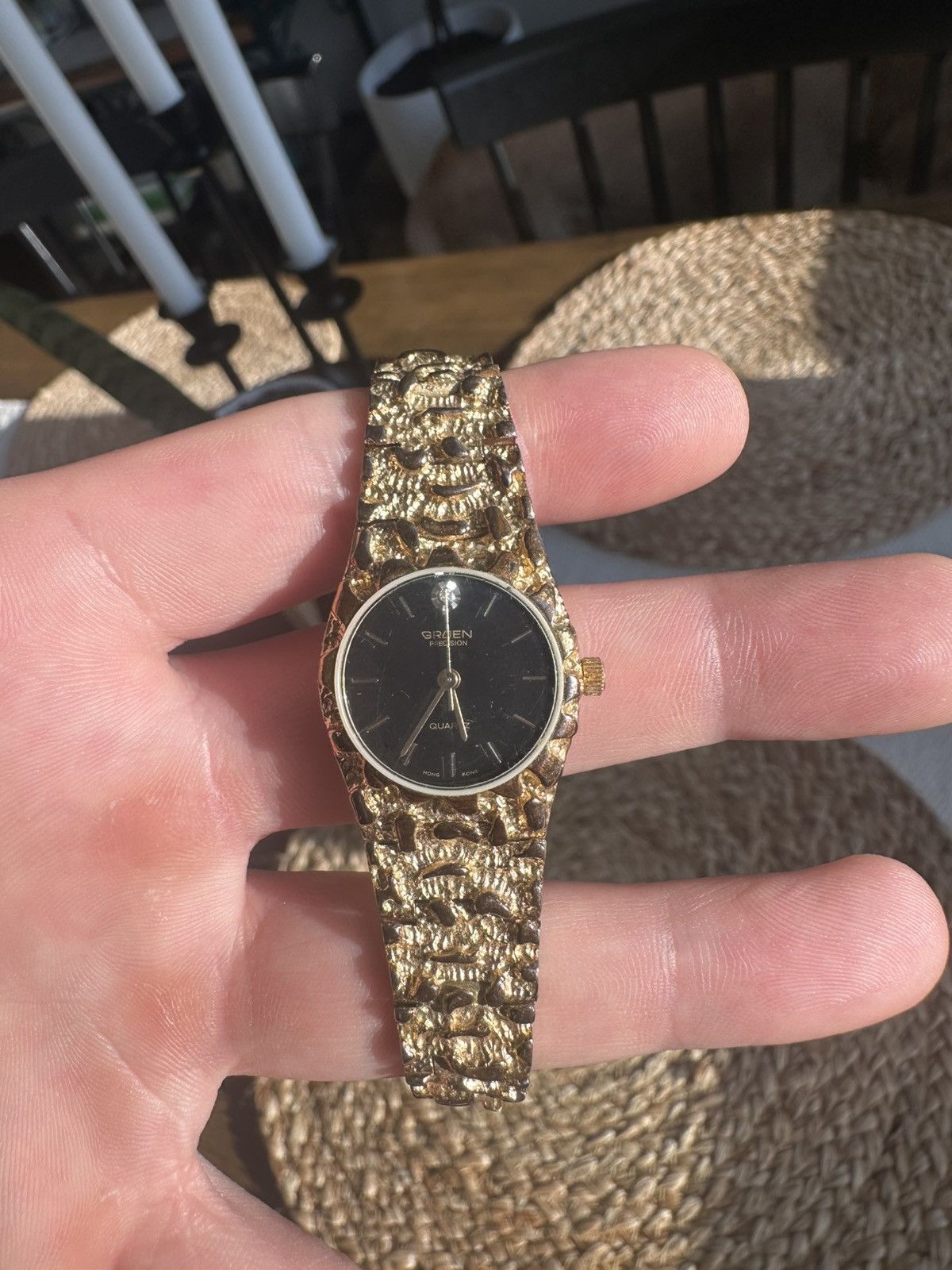 Vintage 90's Gold Nugget Gruen Precision Quartz Stone Watch, Women's