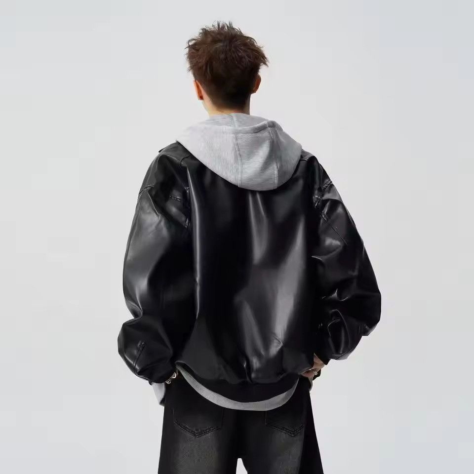 Japanese Brand Fake Two-Piece Double Zipper Leather Bomber - Black/Grey Size US XXL / EU 58 / 5 - 5 Thumbnail