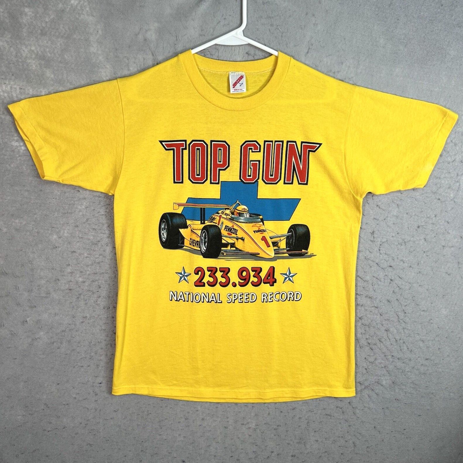 image of Jerzees Vintage 90's Indy Car Racing Rick Mears Top Gun T Shirt Adult Large Yellow Mens in White