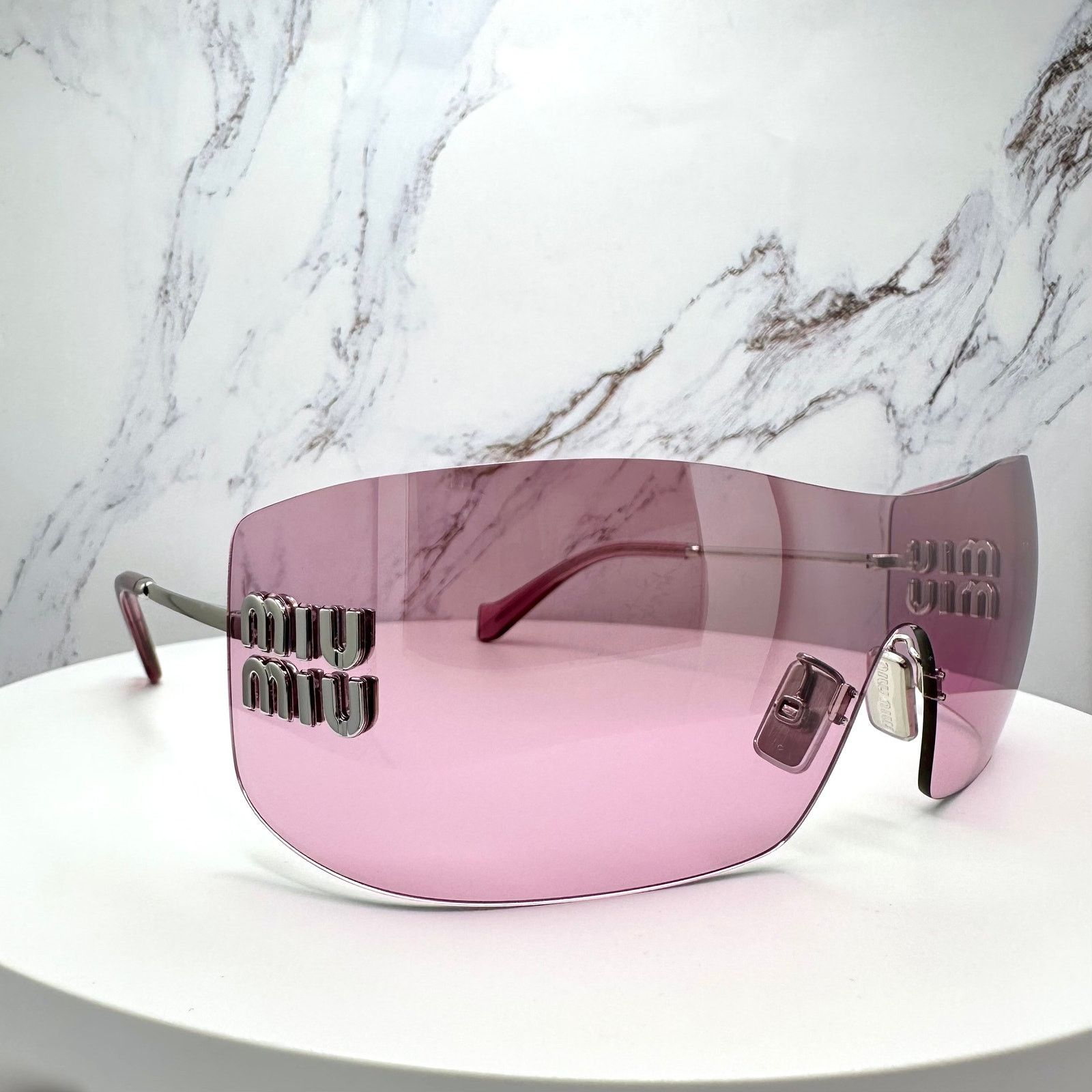 Miu Miu New MIU MIU Sunglasses Silver Pink Mirror Rimless Wrap Size ONE SIZE - 3 Thumbnail