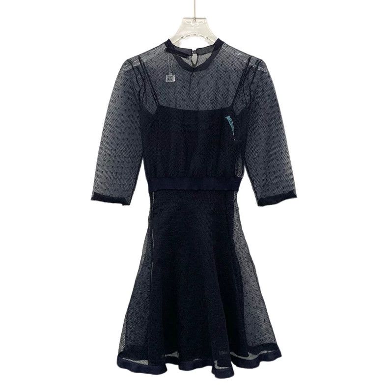 Dior Dior Dark blue mulberry silk round-neck hollow mesh dress Size XS / US 0-2 / IT 36-38 - 2 Thumbnail