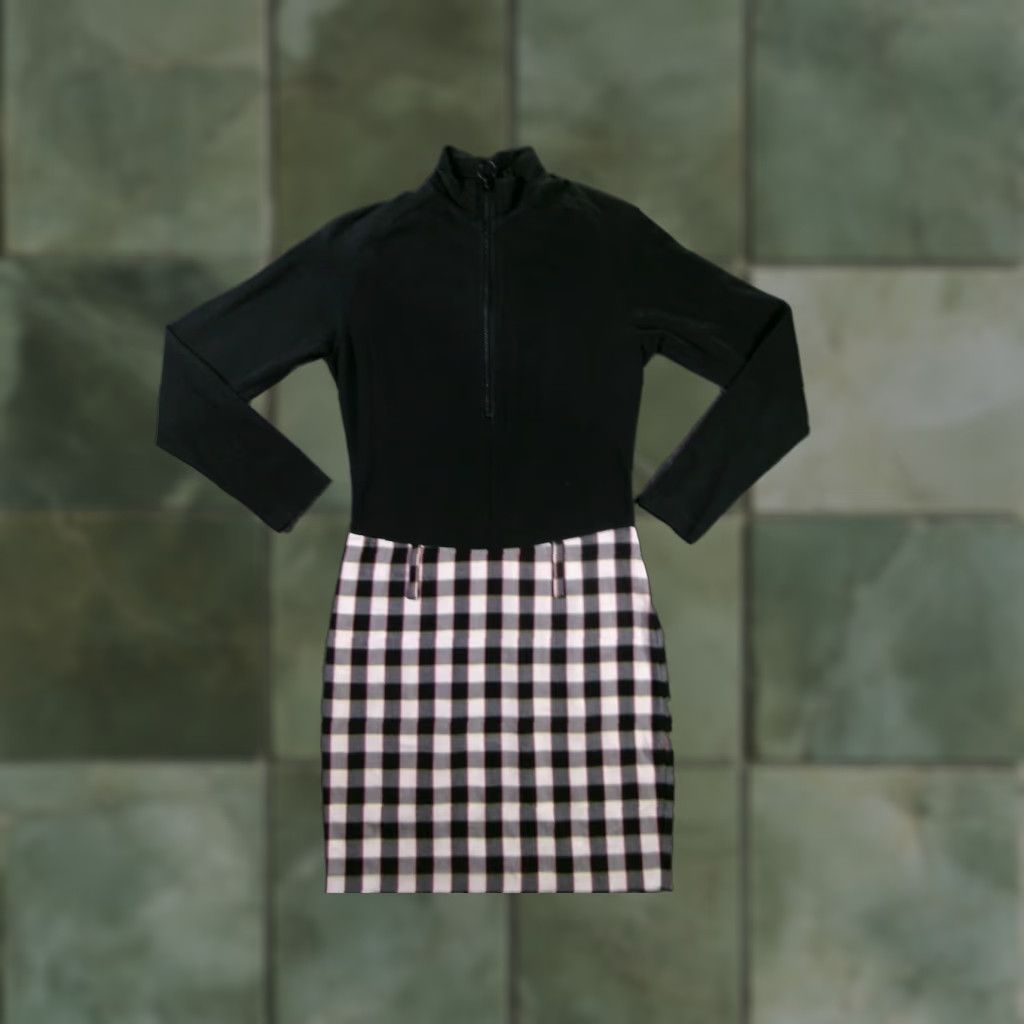 Vintage Necessary Objects Dress Black White Check Sheath Mock Neck Long Sleeve Zip M Womens Size M / US 6-8 / IT 42-44 - 1 Thumbnail
