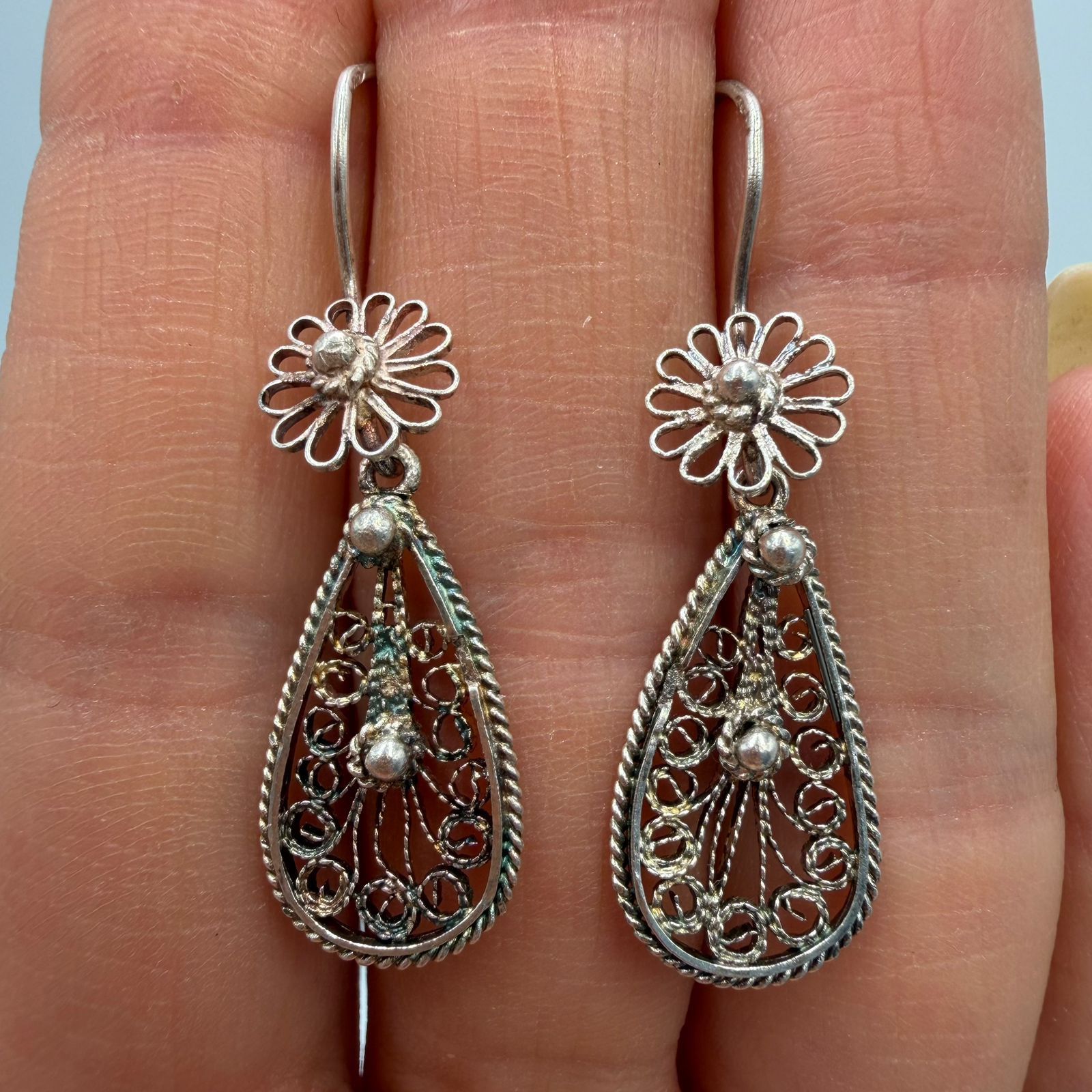 Sterling Silver Vintage 925 Sterling Silver Filigree Teardrop Earrings Size ONE SIZE - 1 Thumbnail