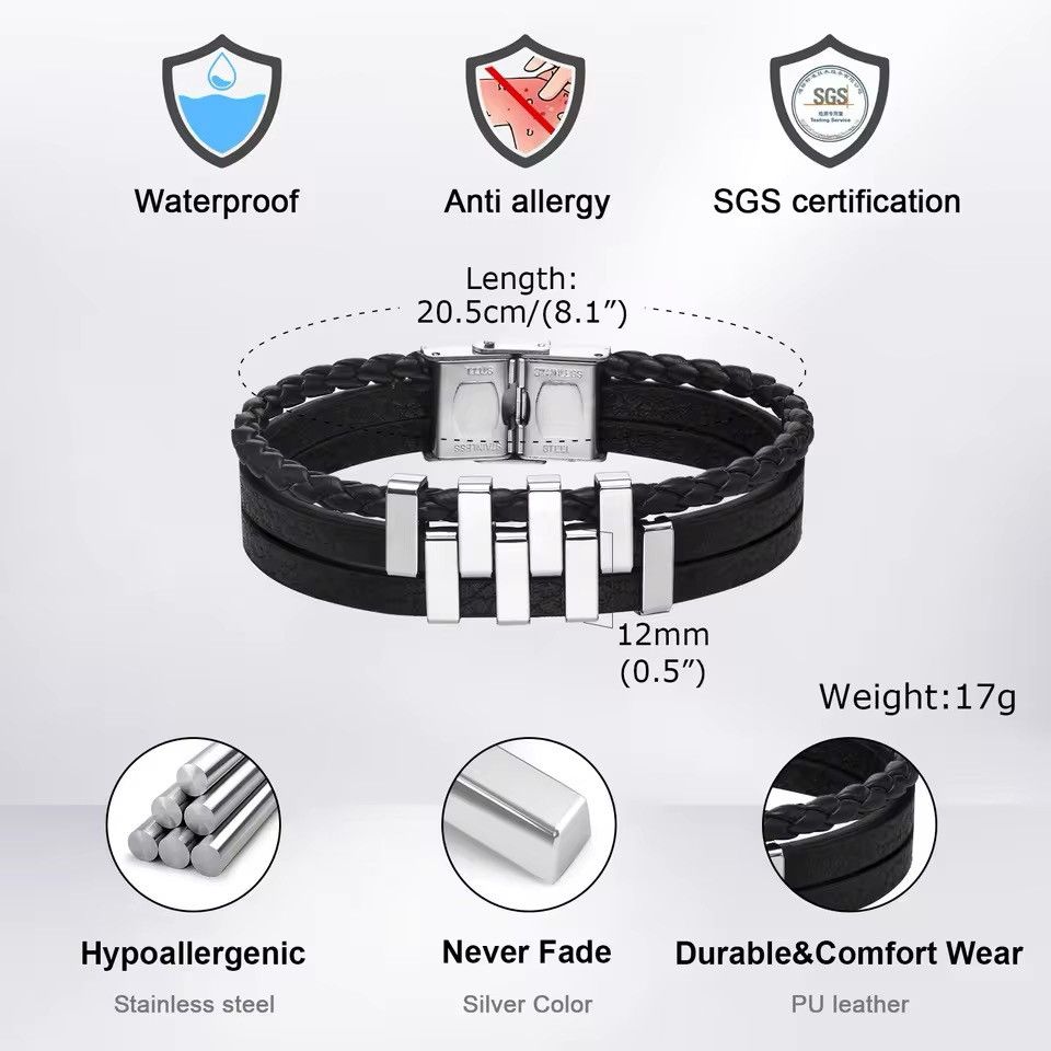 Jewelry × Leather Leather Stylish Stainless Steel 3 Layer Black Bracelets Size ONE SIZE - 5 Thumbnail
