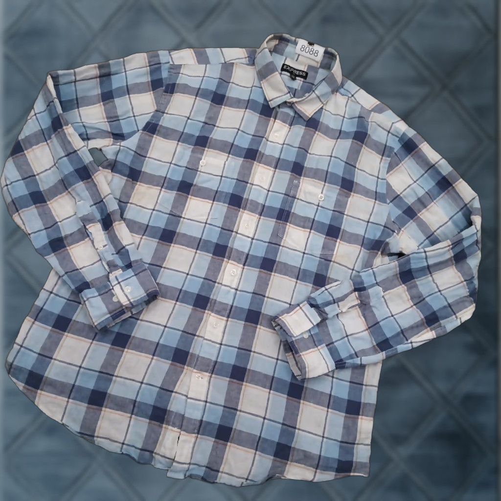 Express Express Shirt Button-Up Mens XL Blue Plaid Long Sleeve Pockets Linen Blend Cotton Size US XL / EU 56 / 4 - 1 Thumbnail