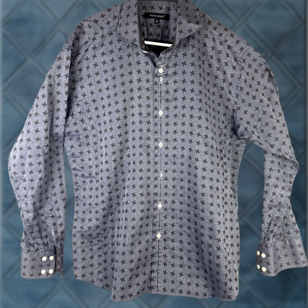 Vintage Bogosse Shirt Mens XL Blue Geometric Long Sleeve Button Front Dress Woven Size 46R - 1 Thumbnail