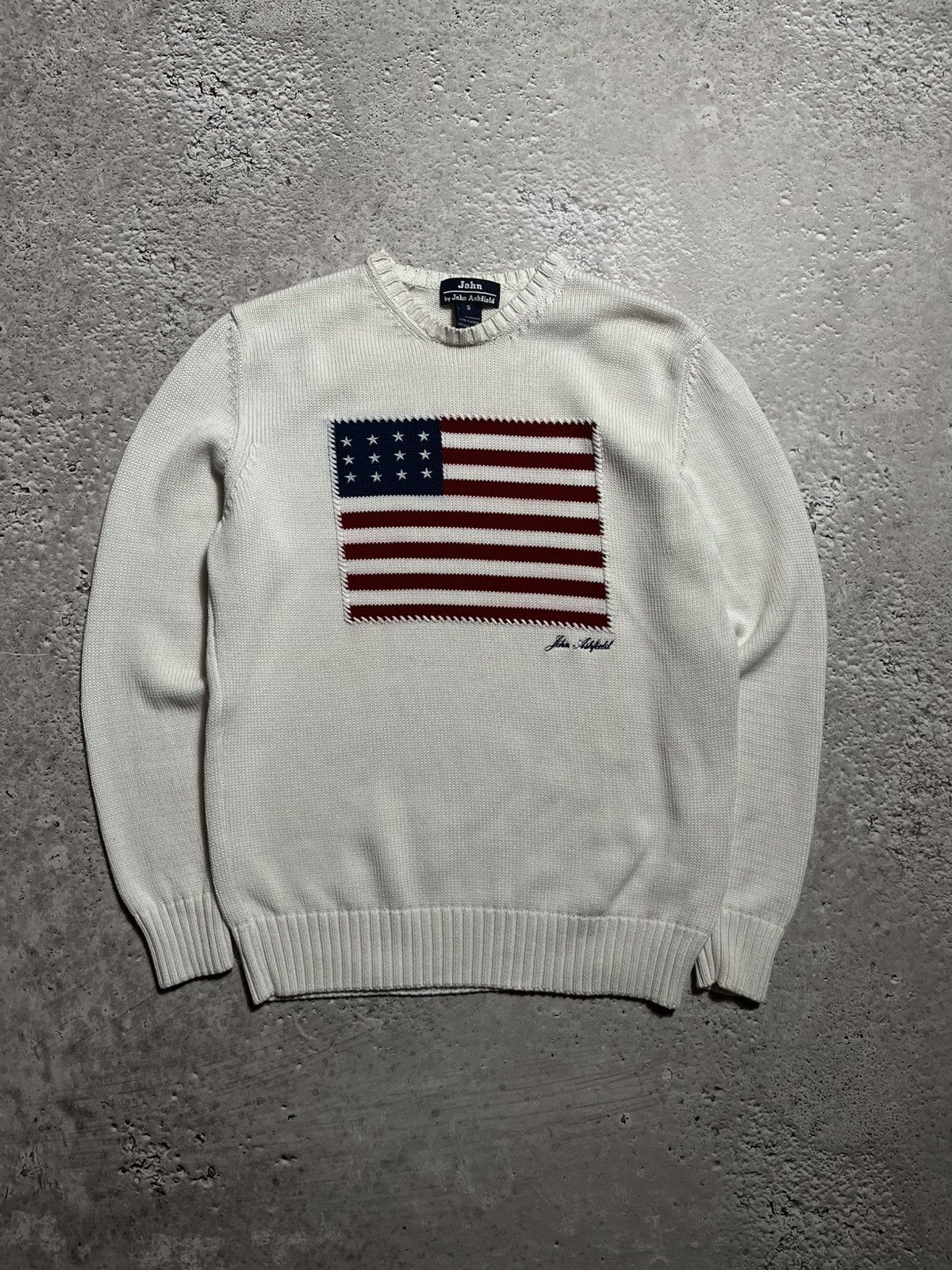 Vintage John Ashfield White Knit Sweater with USA Flag Patch - Small Size US S / EU 44-46 / 1 - 1 Thumbnail