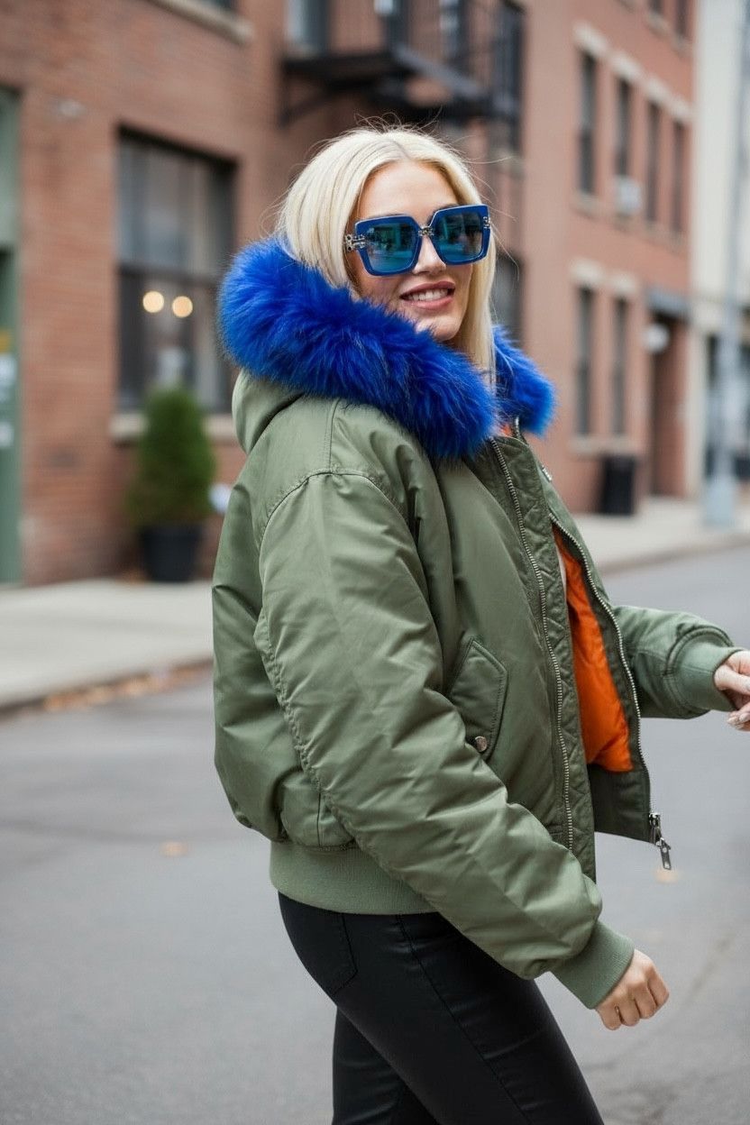 Le Grande Bleu (L.G.B.) 🔥GORGEOUS X-GIRL Ice Blue Fur MA-1 Bomber Jacket Vintage Size M / US 6-8 / IT 42-44 - 3 Thumbnail