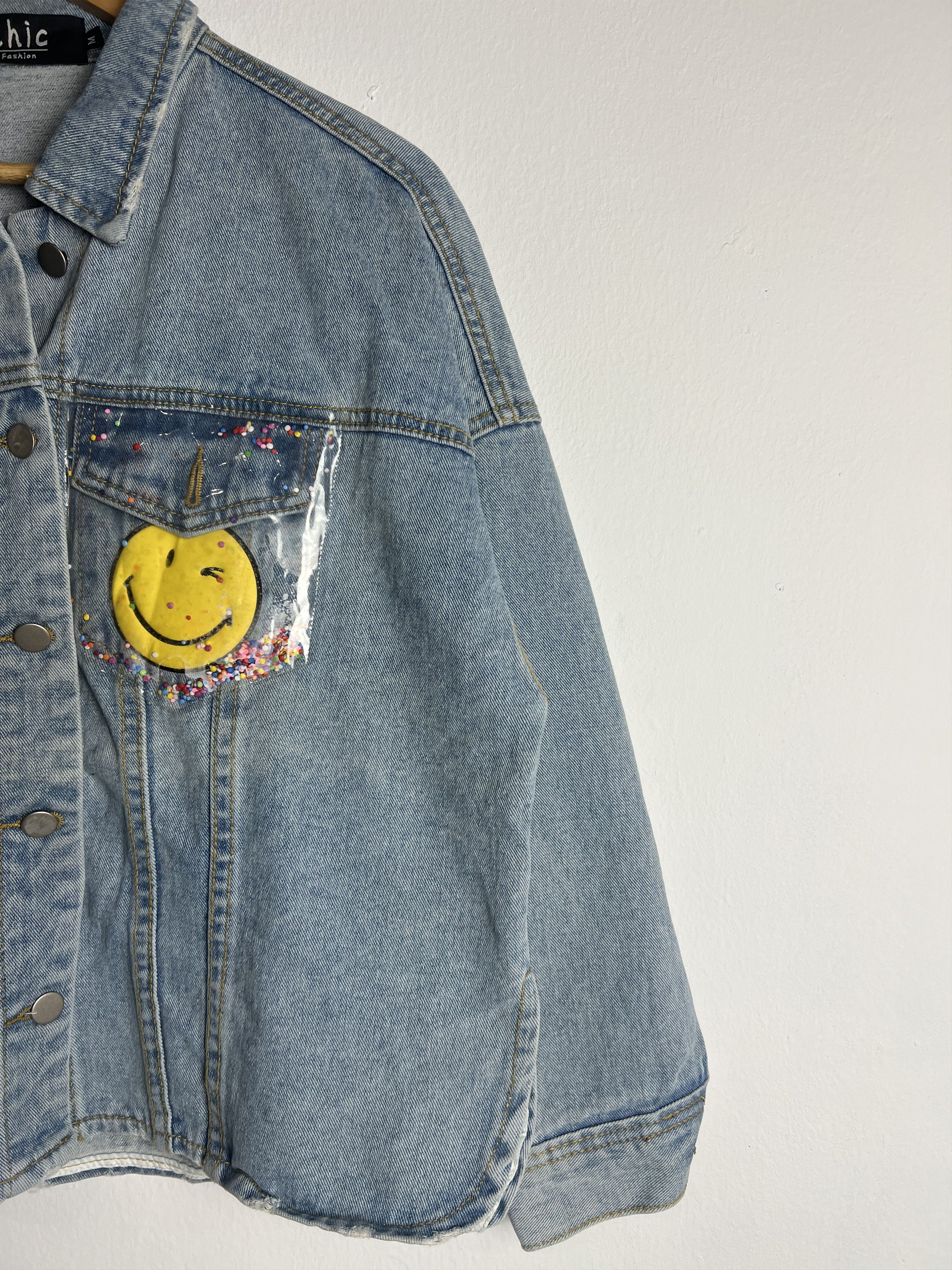 If Six Was Nine Big Happy Smiley Face Patches Light Wash Denim Jacket Size US M / EU 48-50 / 2 - 5 Thumbnail
