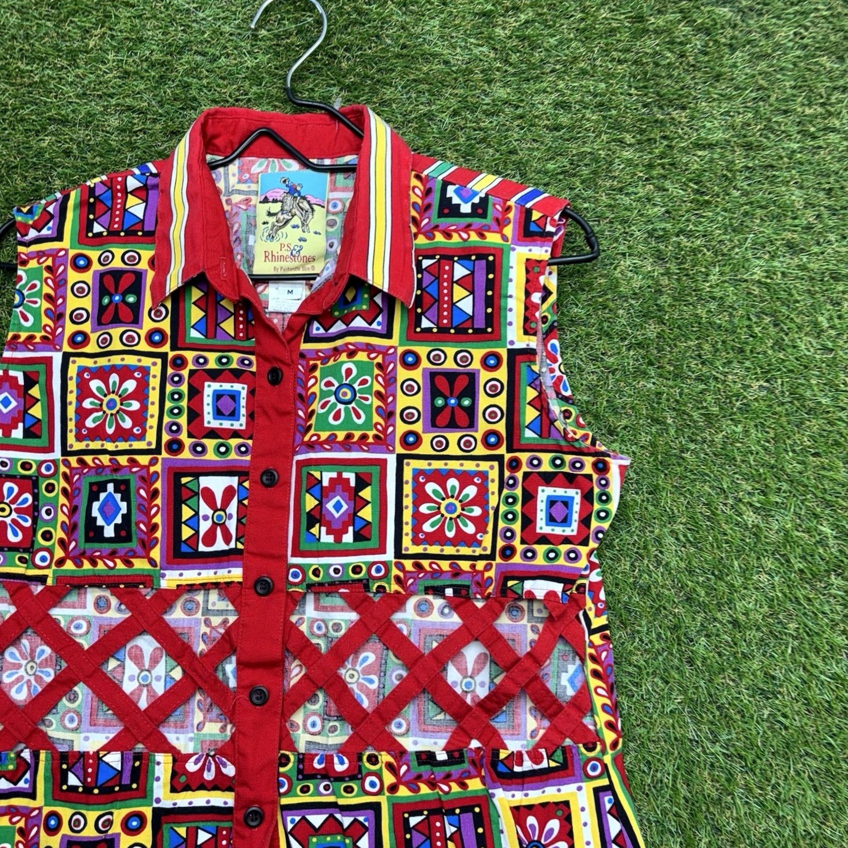 Vintage Panhandle Slim Shirt Womens Medium PS Rhinestones AOP Western Sleeveless 90s Red Cap Sleeve Size M / US 6-8 / IT 42-44 - 2 Thumbnail