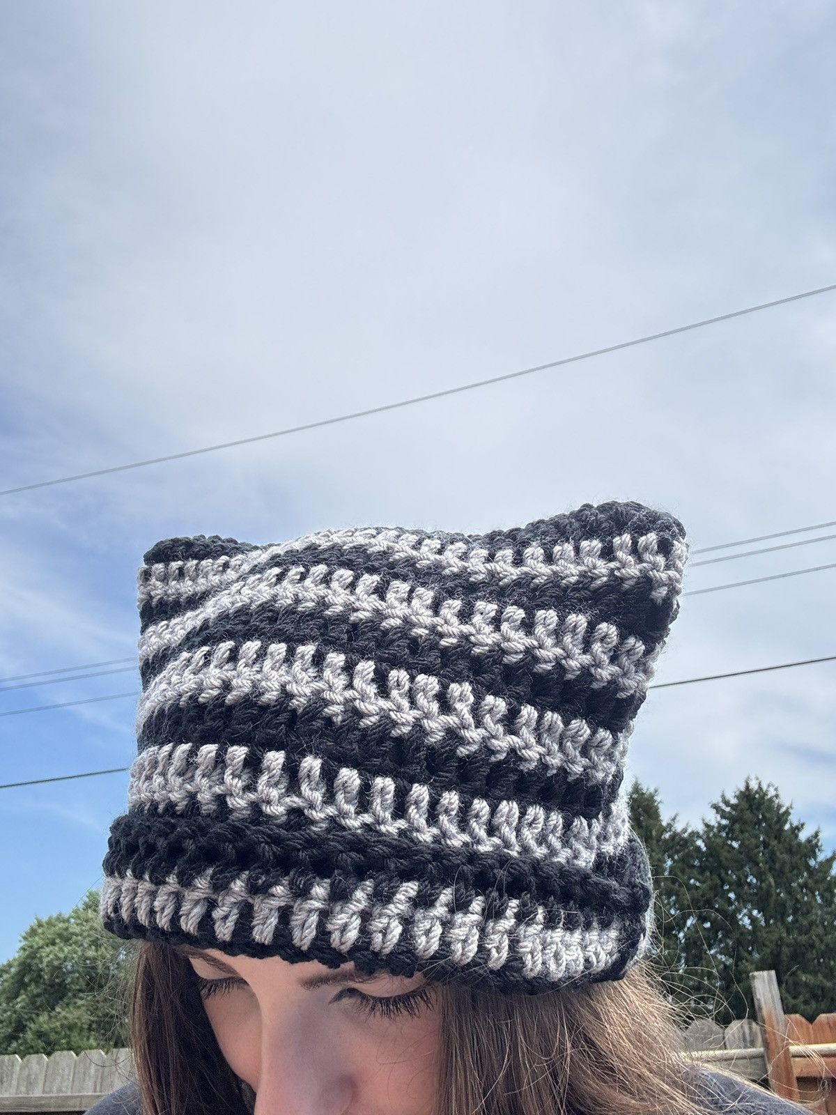 Handmade Crochet Cat Beanie - Black & Gray Size ONE SIZE - 1 Thumbnail