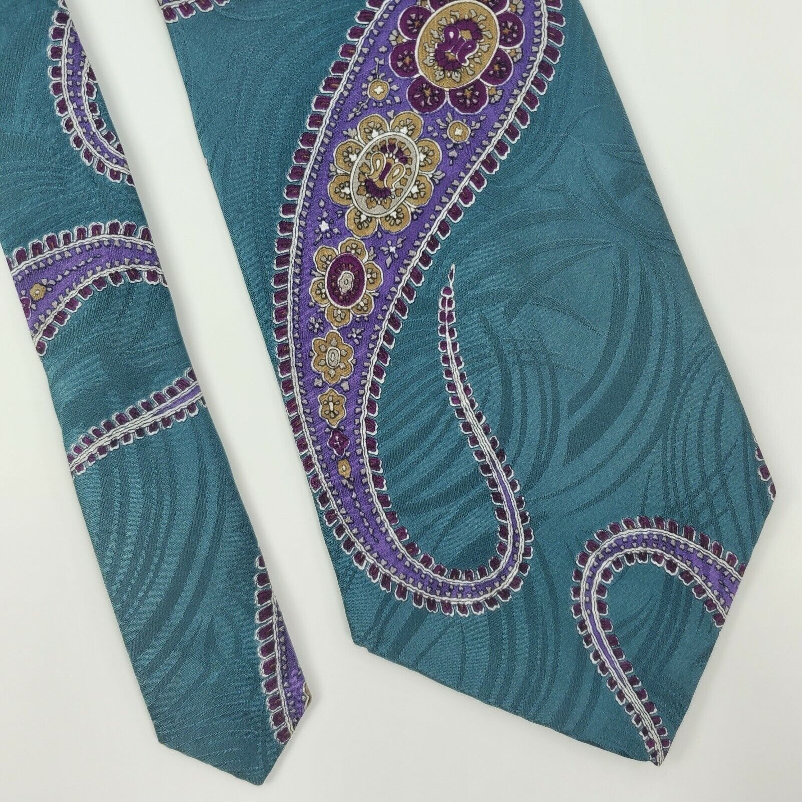 Vintage Bill Robin Son Teal Purple Paisley Silk Tie Short Wide Size ONE SIZE - 1 Thumbnail