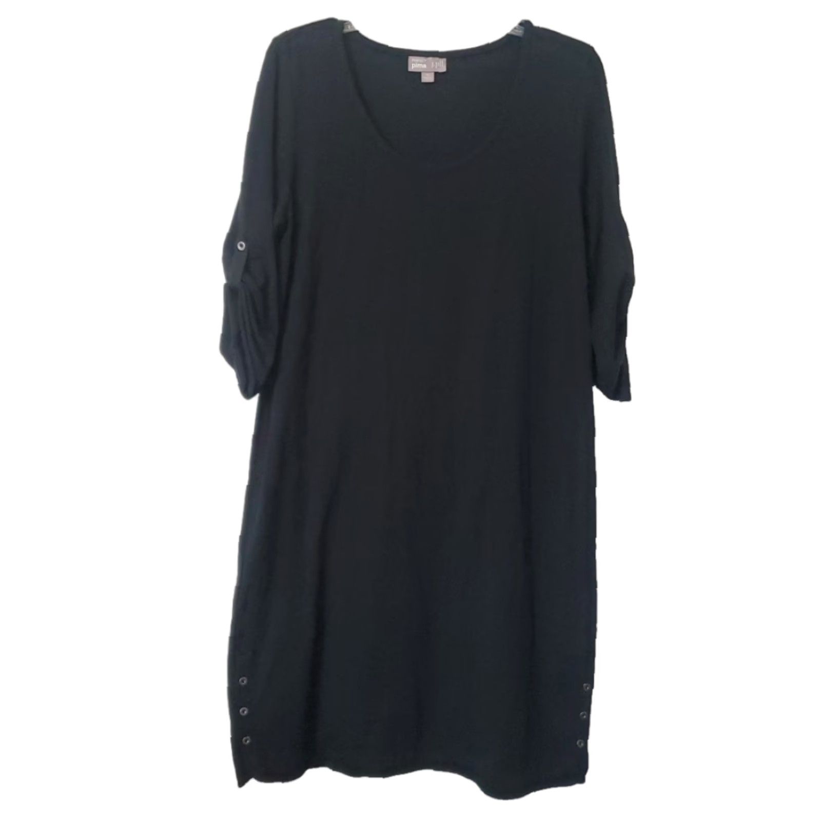 J. Jill Perfect Pima Shift Dress Roll Tab Sleeve Button Trimmed Hem Black Size M