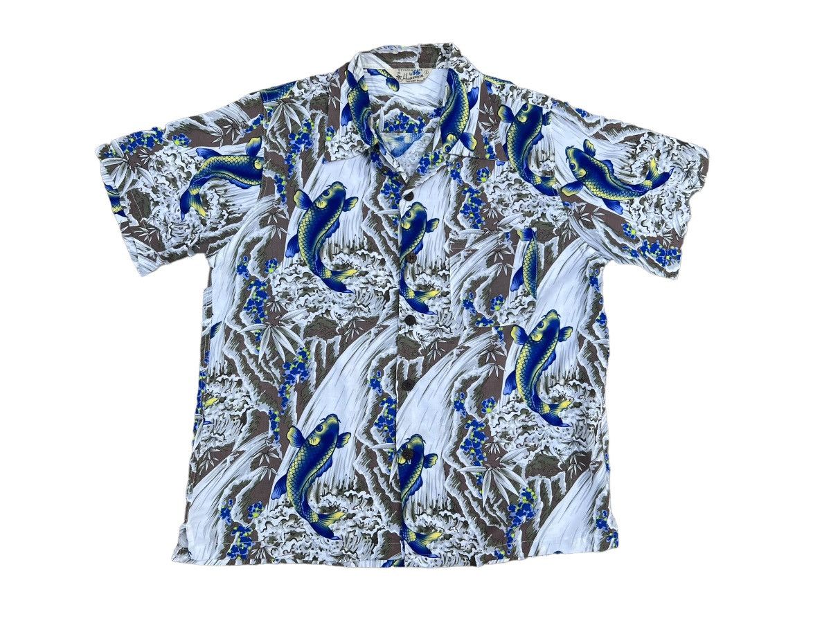 image of Aloha Wear x Hawaiian Shirt History Book Japan Koi Fish Waterfall Rayon Hawaiian Shirt (Size Medium