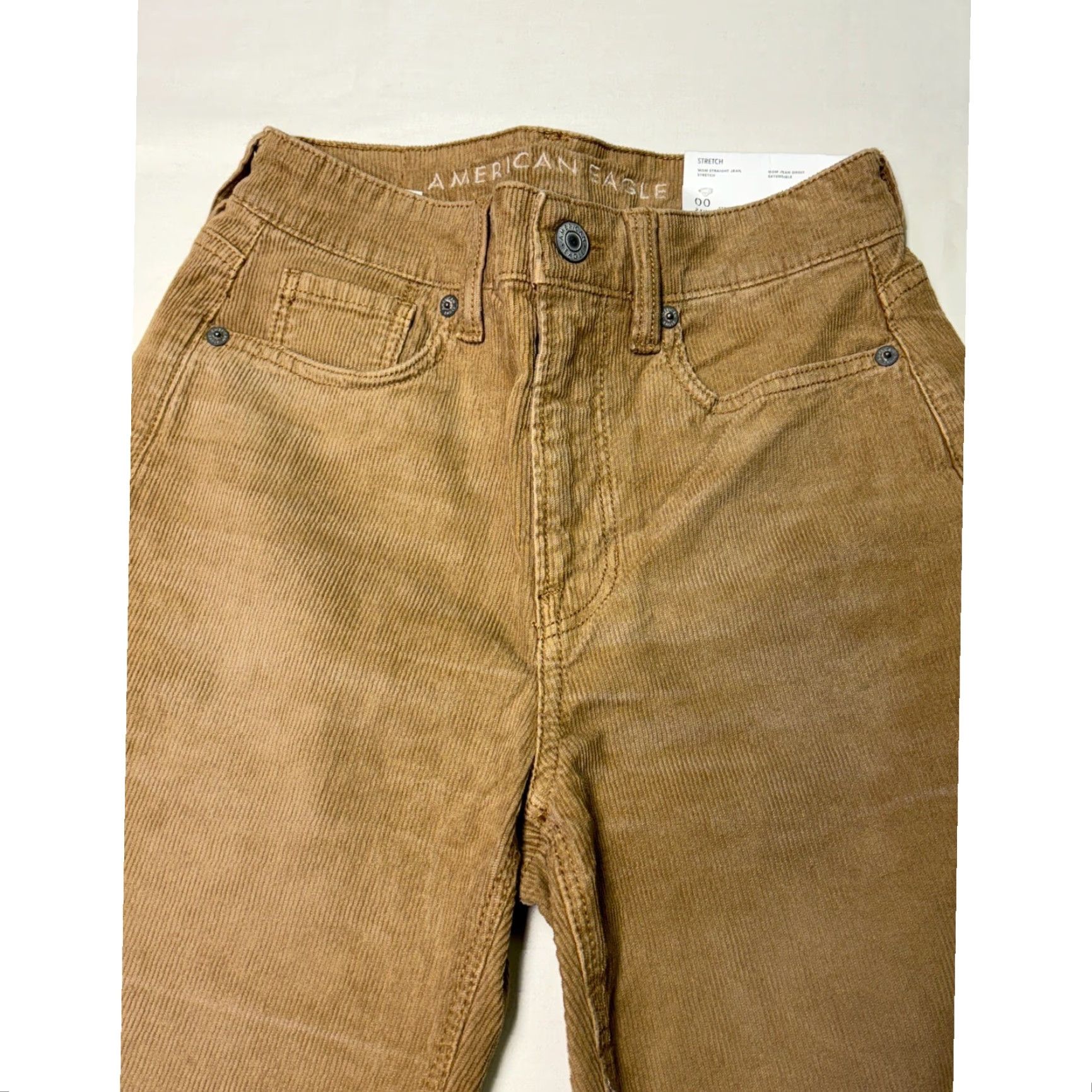 American Eagle Outfitters VINTAGE American Eagle Jeans Corduroy Mom Straight Womens 00 24x28 Tan High Rise Stretch Pockets Logo Button Solid Size 24" / US 00 / IT 34 - 2 Thumbnail